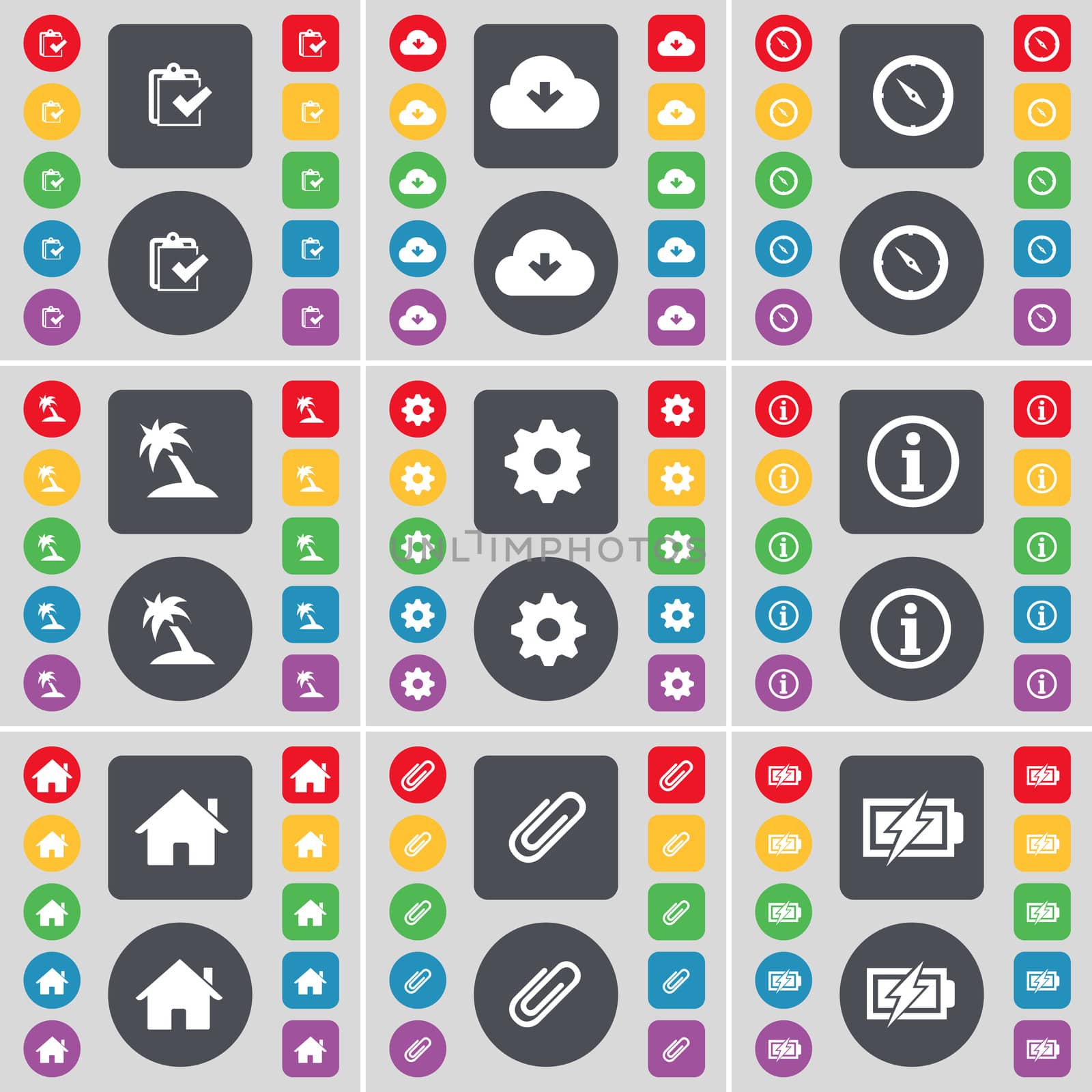 Survey, Cloud, Compass, Palm, Gear, Information, House, Clip, Charging icon symbol. A large set of flat, colored buttons for your design. illustration