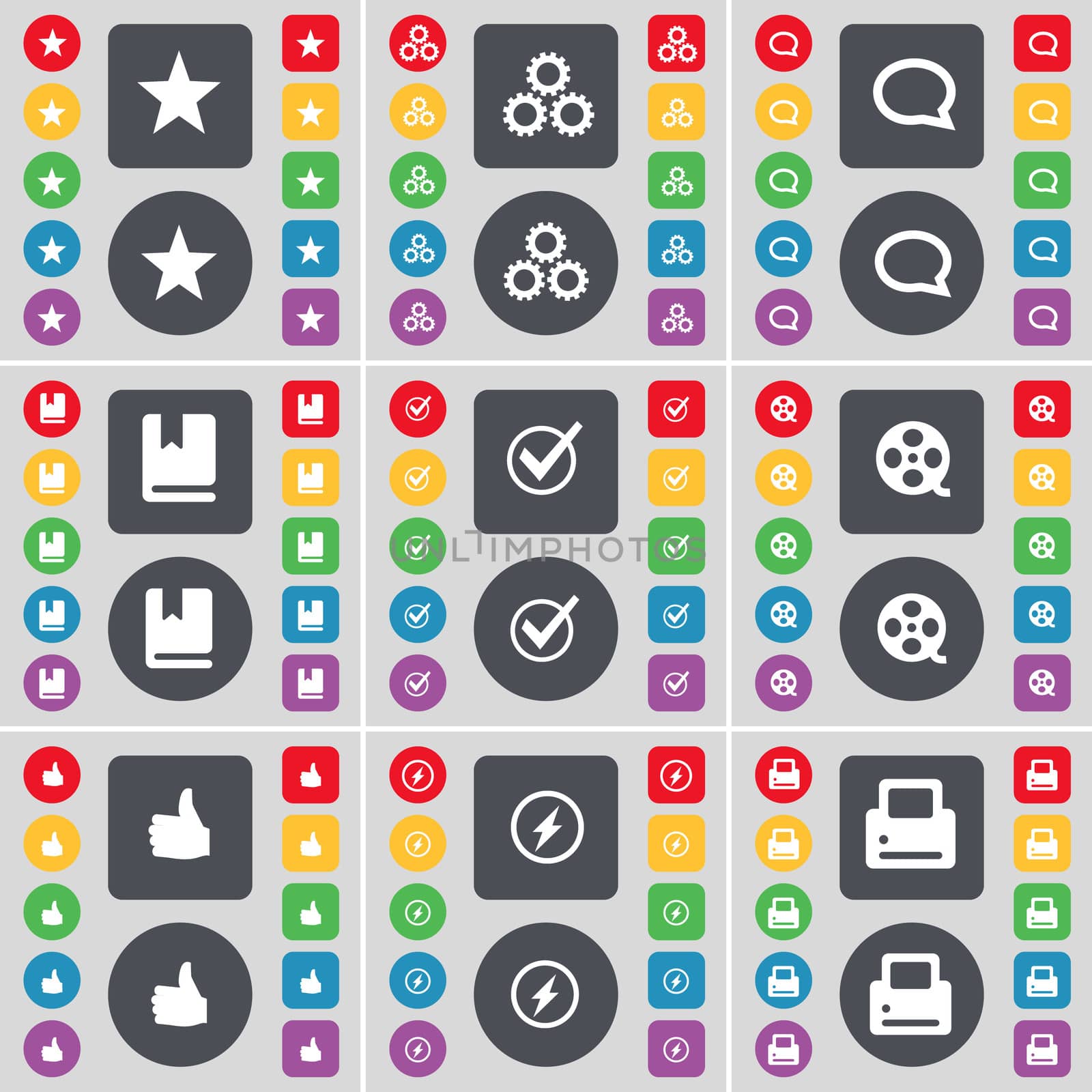 Star, Gear, Chat bubble, Dictionary, Tick, Videotape, Like, Flash, Printer icon symbol. A large set of flat, colored buttons for your design.  by serhii_lohvyniuk