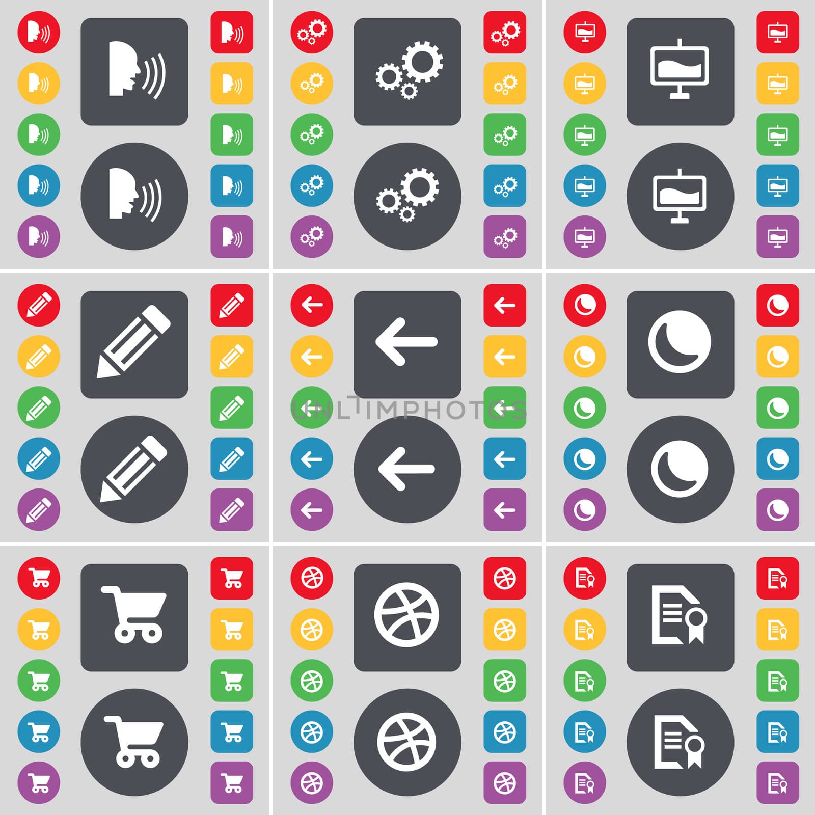 Talk, Gear, Graph, Pencil, Arrow left, Moon, Shopping cart, Ball, Text file icon symbol. A large set of flat, colored buttons for your design. illustration