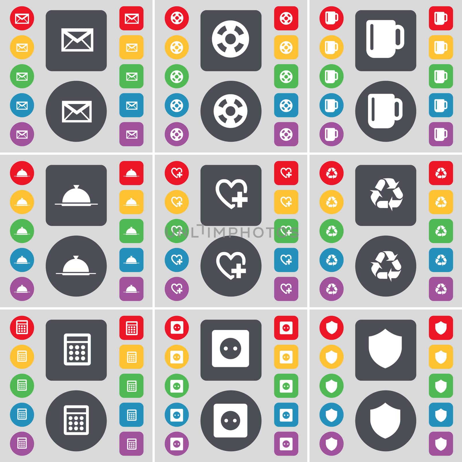 Message, Videotape, Cup, Tray, Heart, Recycling, Calculator, Socket, Badge icon symbol. A large set of flat, colored buttons for your design. illustration