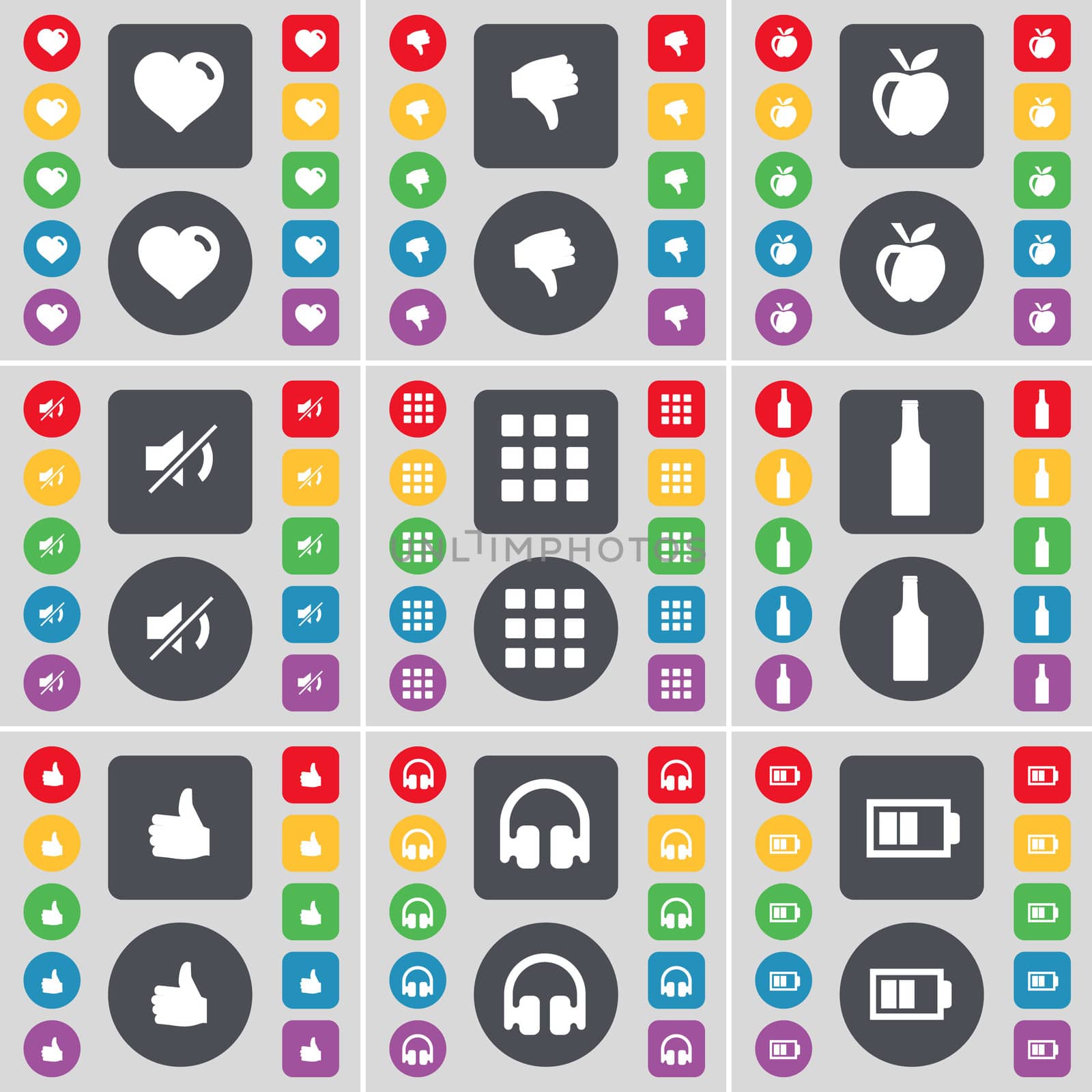 Heart, Dislike, Apple, Mute, Apps, Bottle, Like, Headphones, Battery icon symbol. A large set of flat, colored buttons for your design.  by serhii_lohvyniuk