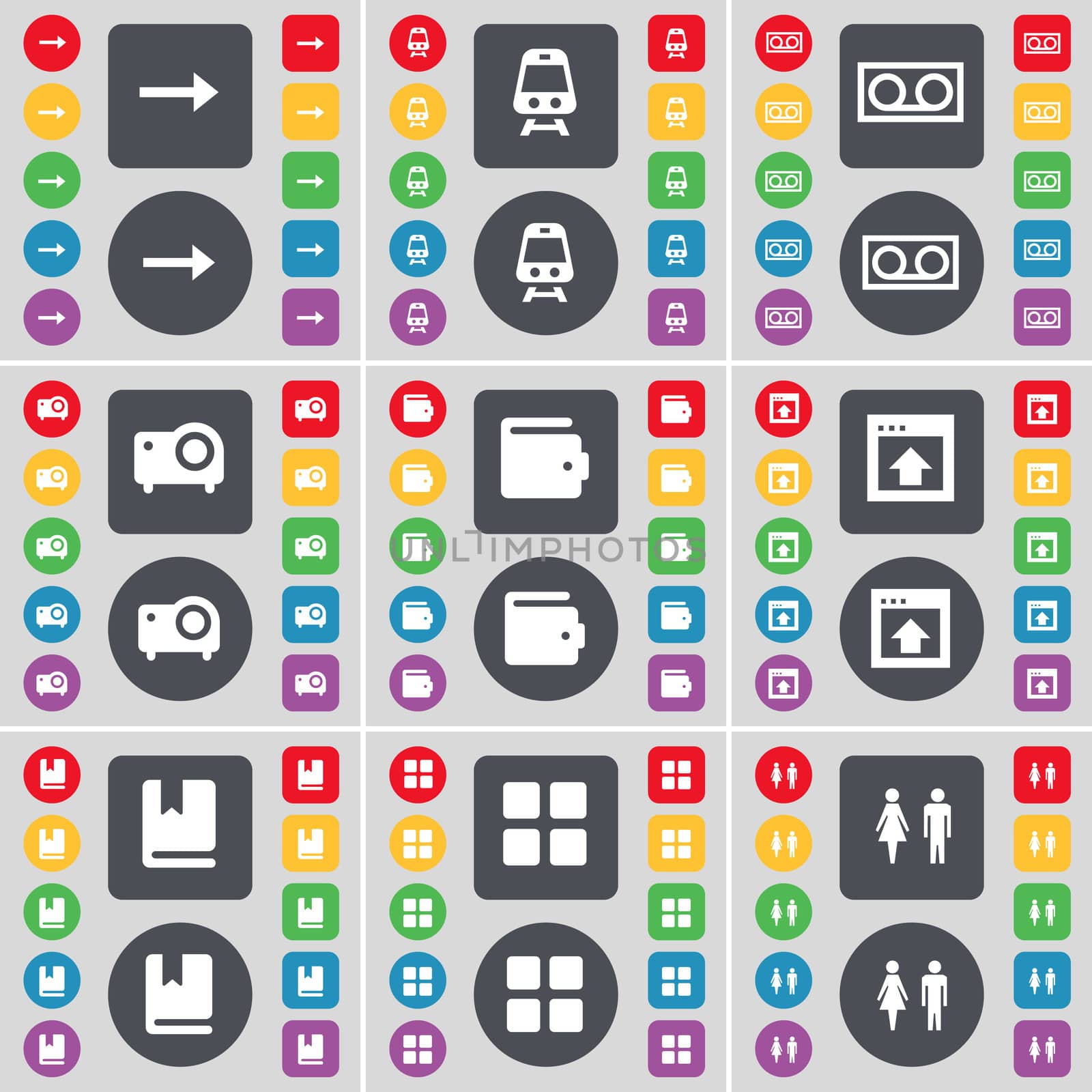 Arrow right, Train, Cassette, Projector, Wallet, Window, Dictionary, Apps, Silhouette icon symbol. A large set of flat, colored buttons for your design. illustration