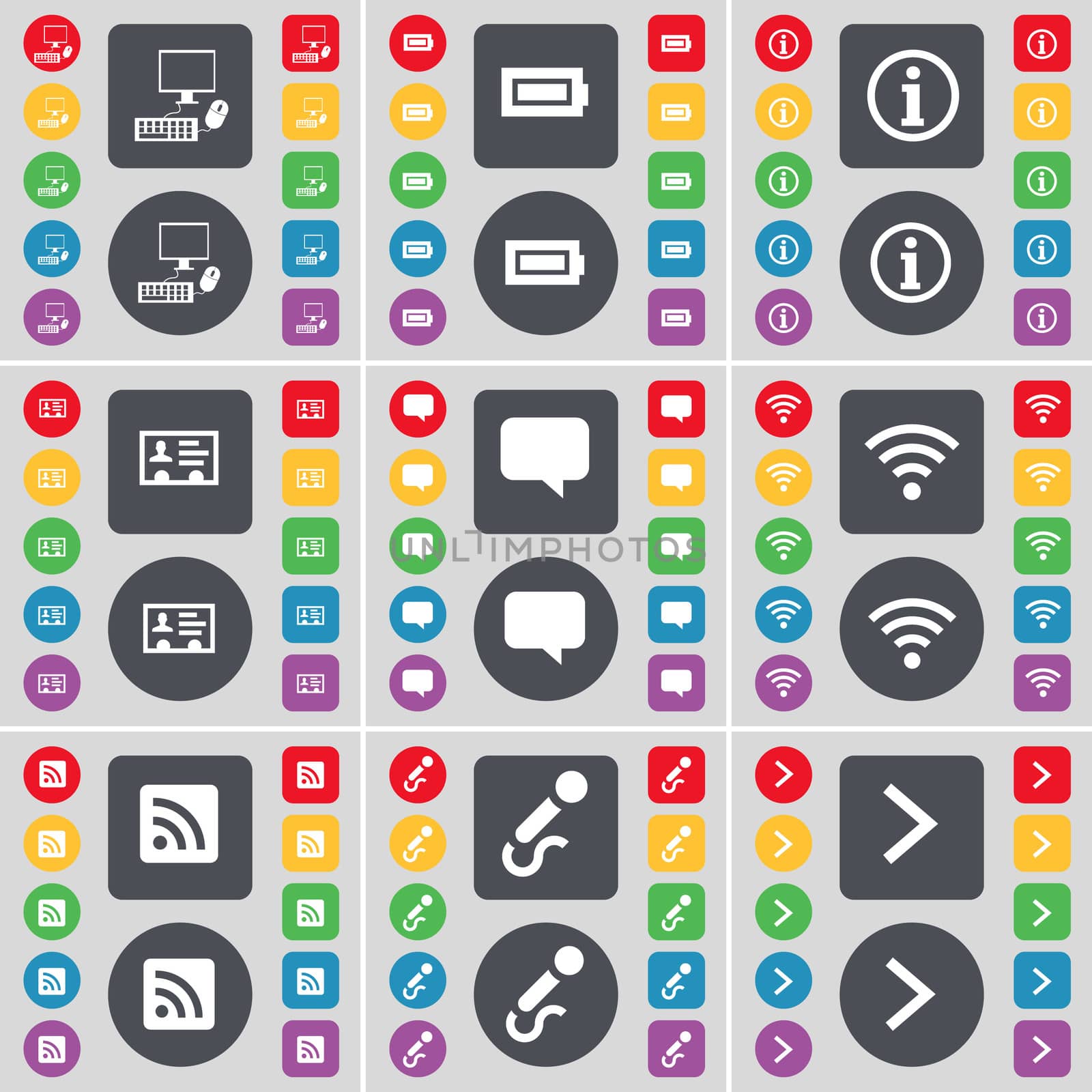 PC, Battery, Information, Contact, Chat bubble, Wi-Fi, RSS, Microphone, Arrow right icon symbol. A large set of flat, colored buttons for your design. illustration