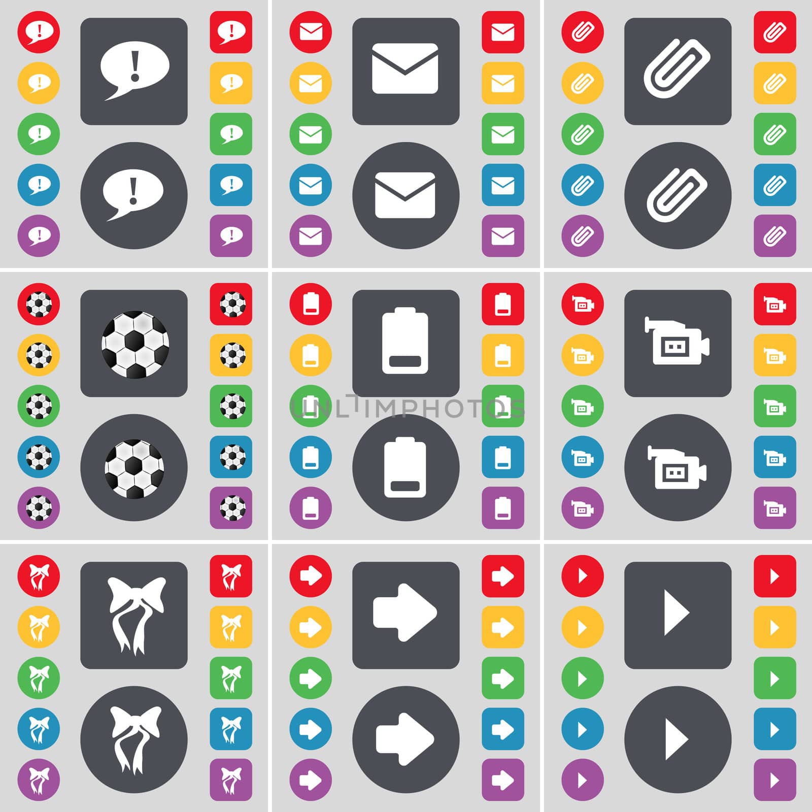 Chat bubble, Message, Clip, Ball, Battery, Film camera, Bow, Arrow right, Media play icon symbol. A large set of flat, colored buttons for your design. illustration