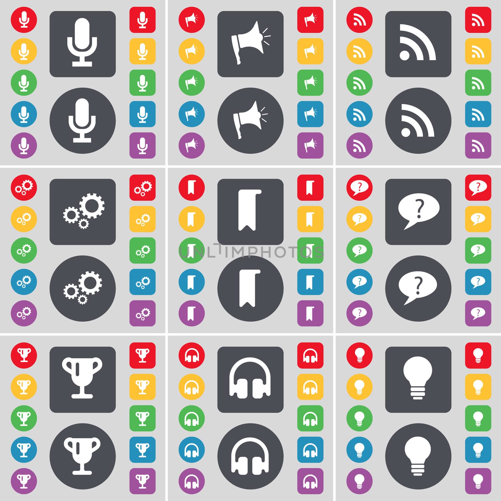 Microphone, Megaphone, RSS, Gear, Marker, Chat bubble, Cup, Headphones, Light bulb icon symbol. A large set of flat, colored buttons for your design.  by serhii_lohvyniuk
