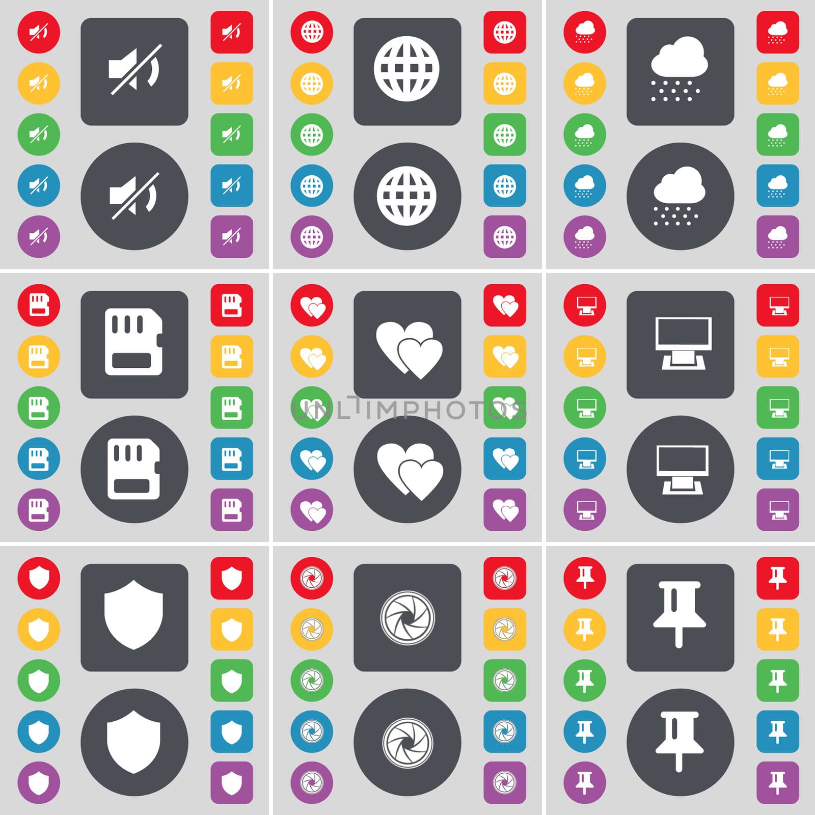Mute, Globe, Cloud, SIM card, Heart, Monitor, Badge, Lens, Pin icon symbol. A large set of flat, colored buttons for your design. illustration