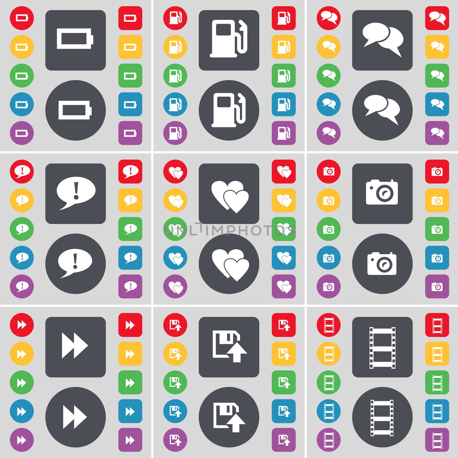 Battery, Gas station, Chat, Chat bubble, Heart, Camera, Rewind, Floppy, Negative films icon symbol. A large set of flat, colored buttons for your design. illustration