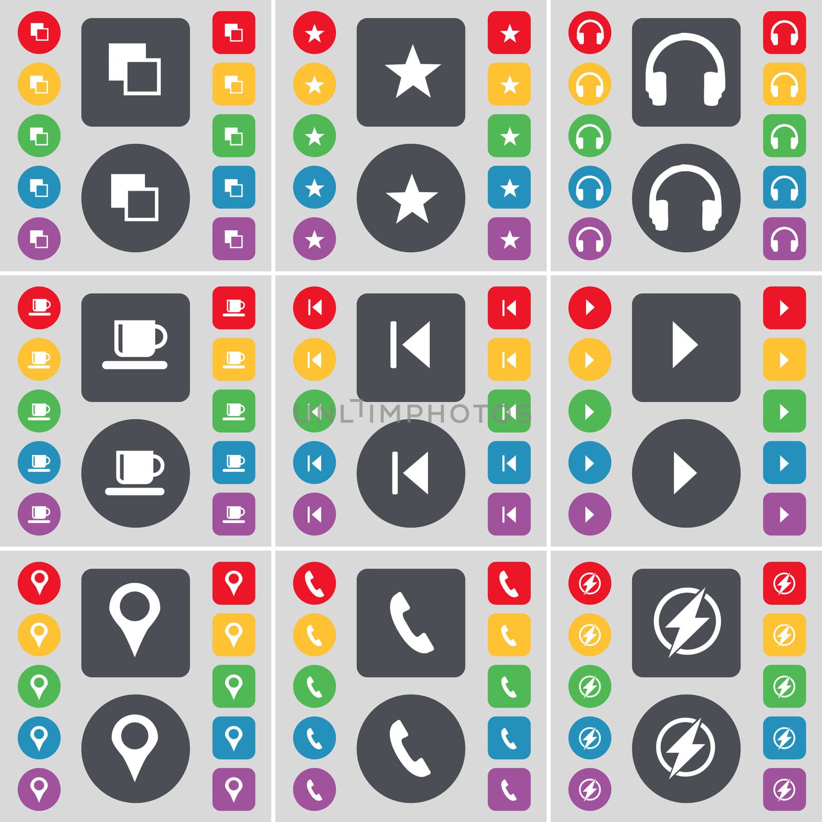 Copy, Star, Headphones, Cup, Media skip, Media play, Checkpoint, Receiver, Flash icon symbol. A large set of flat, colored buttons for your design.  by serhii_lohvyniuk
