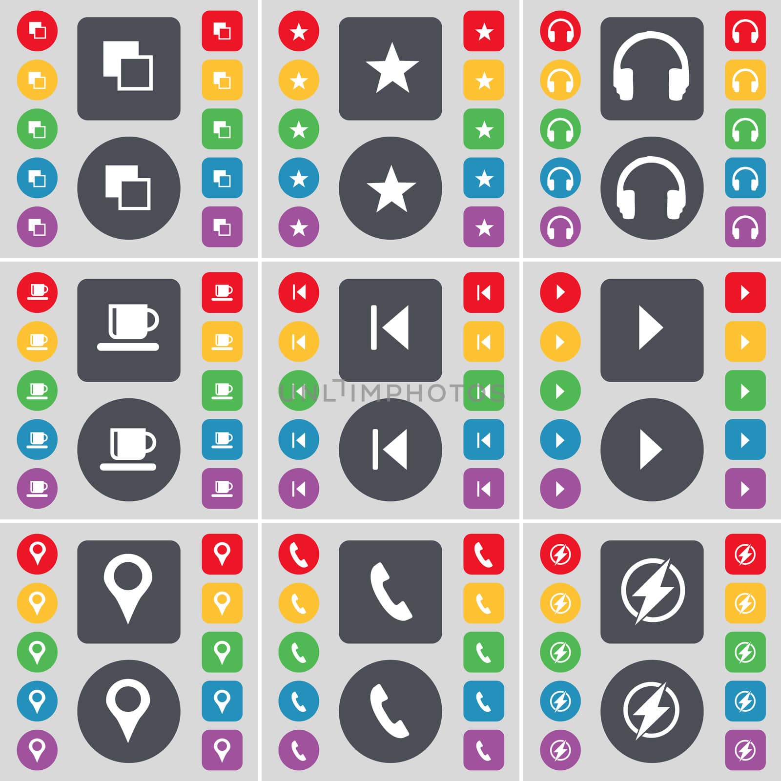 Copy, Star, Headphones, Cup, Media skip, Media play, Checkpoint, Receiver, Flash icon symbol. A large set of flat, colored buttons for your design. illustration