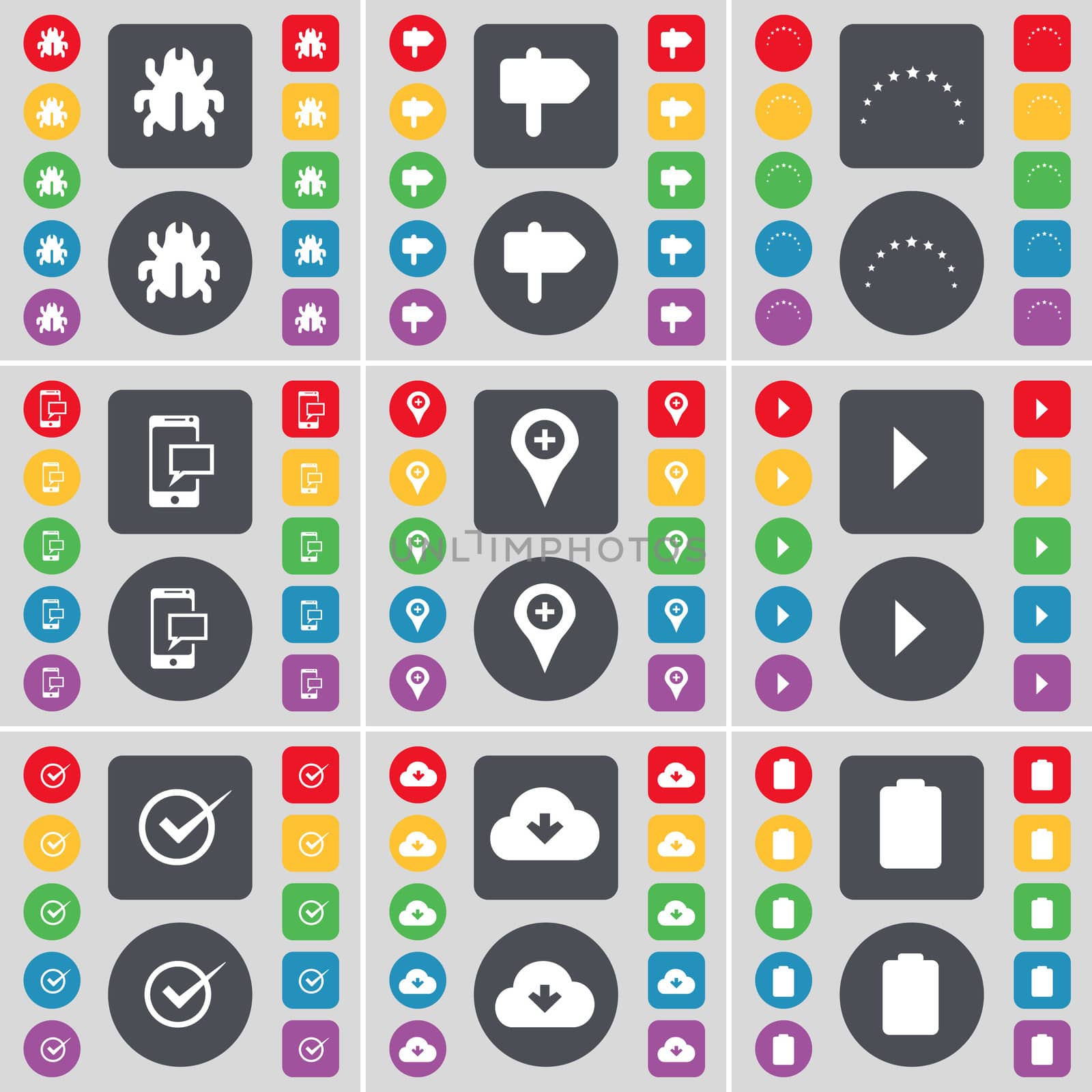 Bug, Signpost, Stars, SMS, Checkpoint, Media play, Tick, Cloud, Battery icon symbol. A large set of flat, colored buttons for your design.  by serhii_lohvyniuk