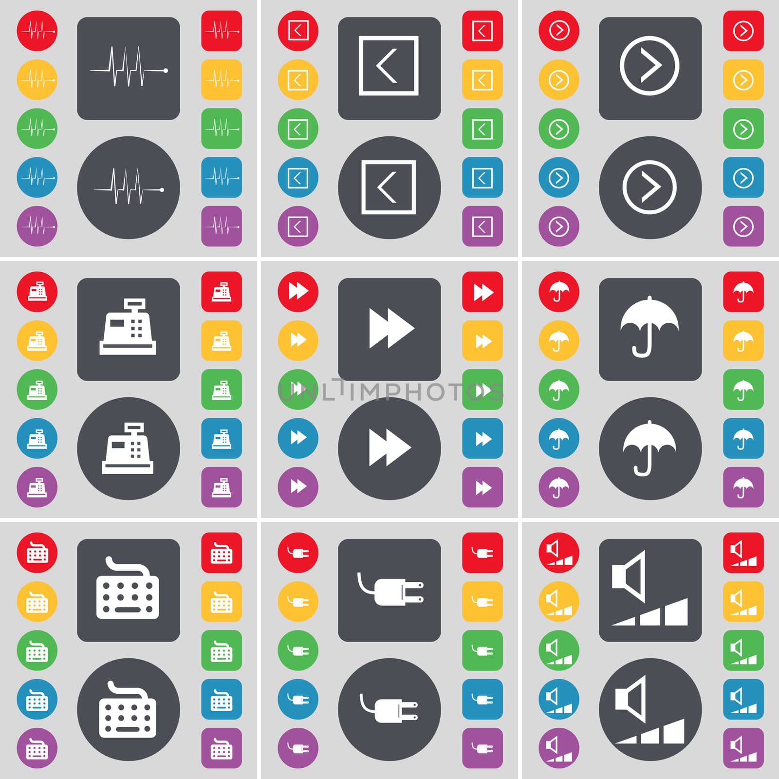 Pulse, Arrow left, Arrow right, Cash register, Rewind, Umbrella, Keyboard, Socket, Volume icon symbol. A large set of flat, colored buttons for your design. illustration