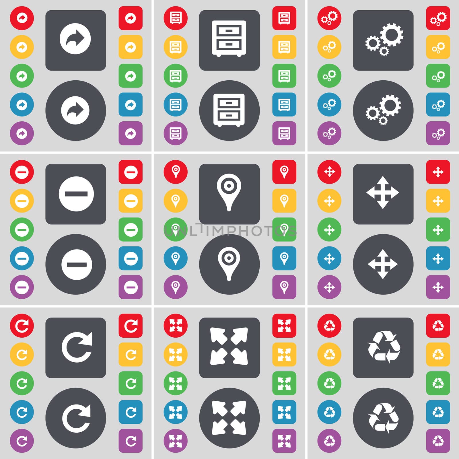 Battery, Bed-table, Gear, Minus, Checkpoint, Moving, Reload, Full screen, Recycling icon symbol. A large set of flat, colored buttons for your design. illustration