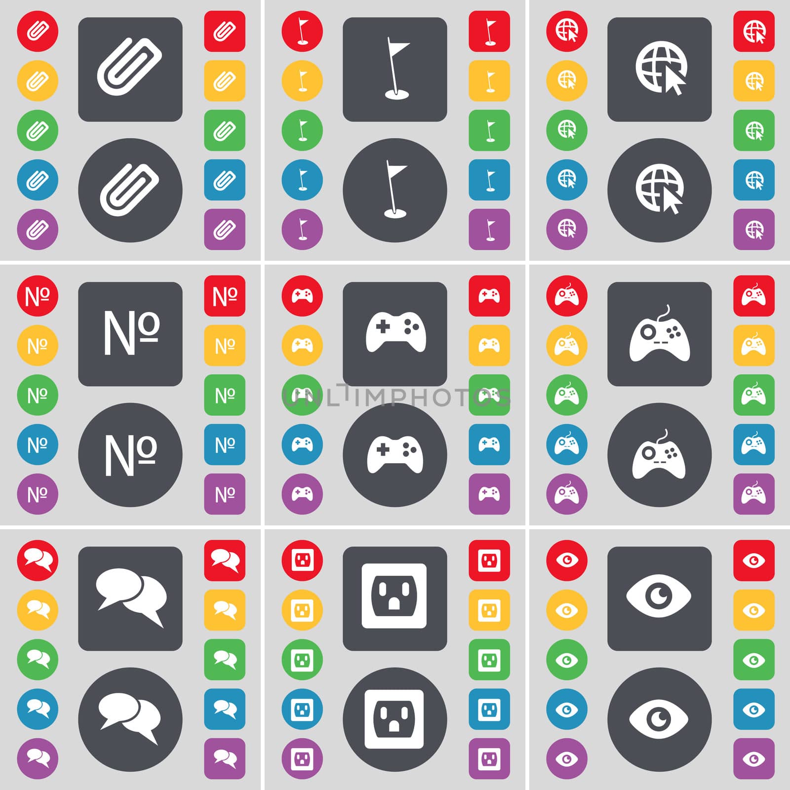 Clip, Golf hole, Web cursor, Number, Gamepad, Chat, Socket, Vision icon symbol. A large set of flat, colored buttons for your design. illustration