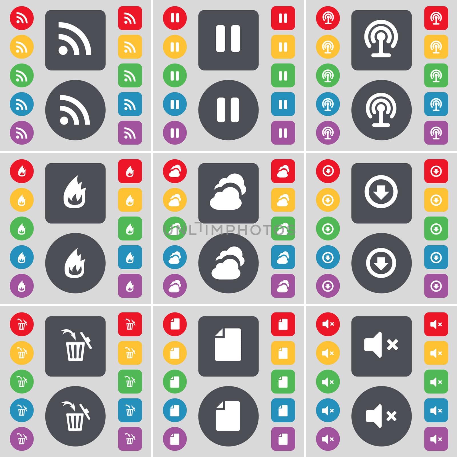 RSS, Pause, Wi-Fi, Fire, Cloud, Arrow down, Trash can, File, Mute icon symbol. A large set of flat, colored buttons for your design. illustration