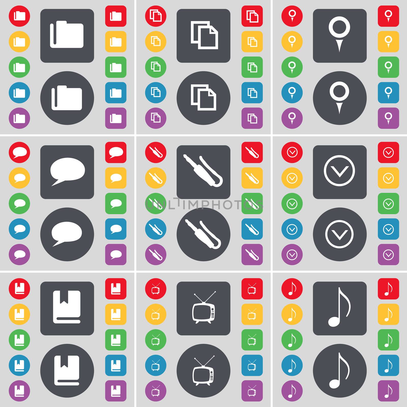 Folder, Copy, Checkpoint, Chat bubble, Microphone connector, Arrow down, Dictionary, Retro TV, Note icon symbol. A large set of flat, colored buttons for your design.  by serhii_lohvyniuk