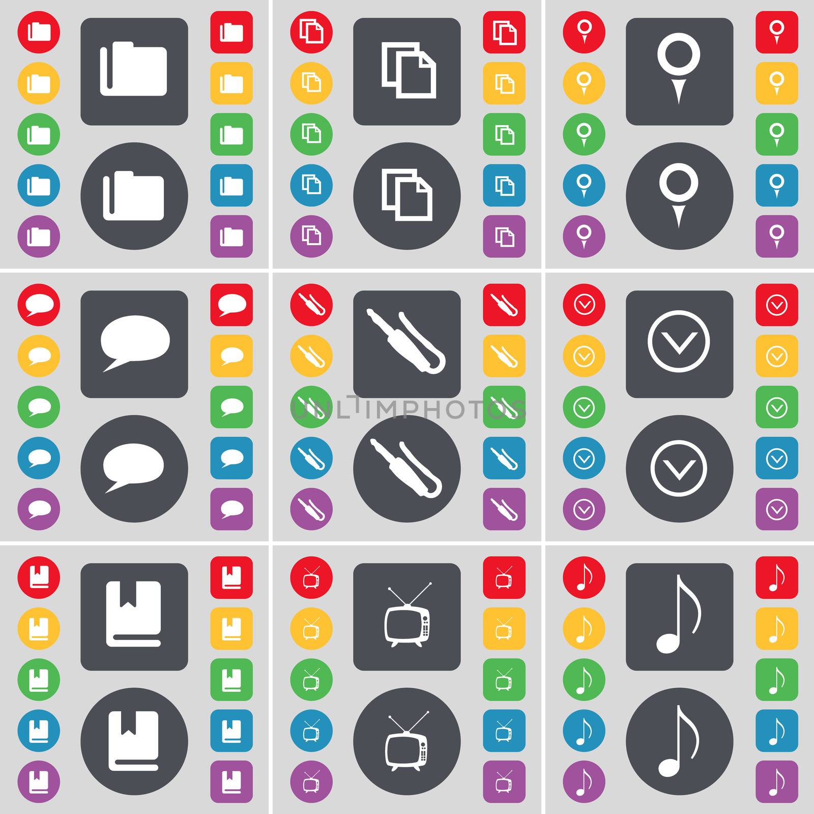 Folder, Copy, Checkpoint, Chat bubble, Microphone connector, Arrow down, Dictionary, Retro TV, Note icon symbol. A large set of flat, colored buttons for your design. illustration