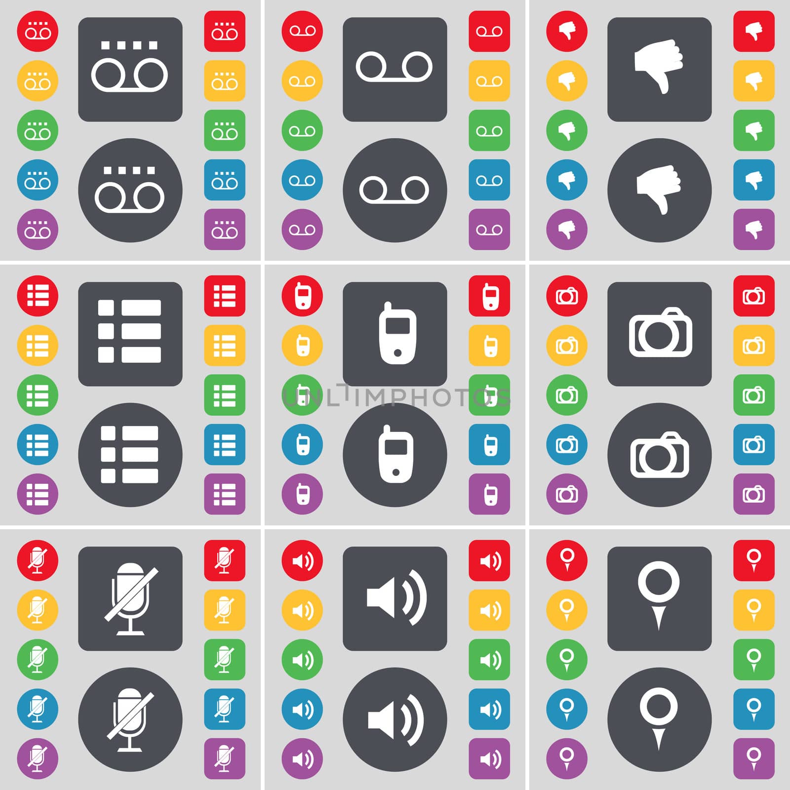 Cassette, Dislike, List, Mobile phone, Camera, Microphone, Sound, Checkpoint icon symbol. A large set of flat, colored buttons for your design. illustration