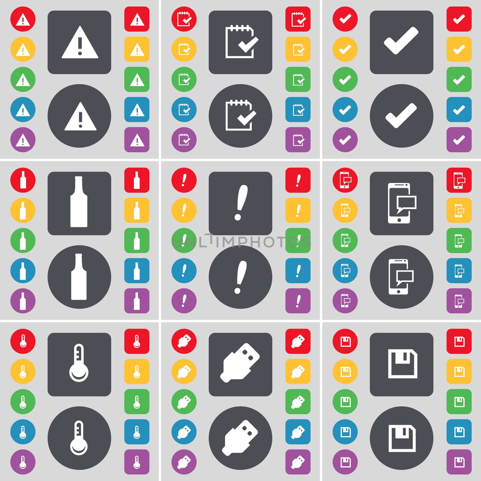 Warning, Survey, Tick, Bottle, Exclamation mark, SMS, Thermometer, USB, Floppy icon symbol. A large set of flat, colored buttons for your design. illustration