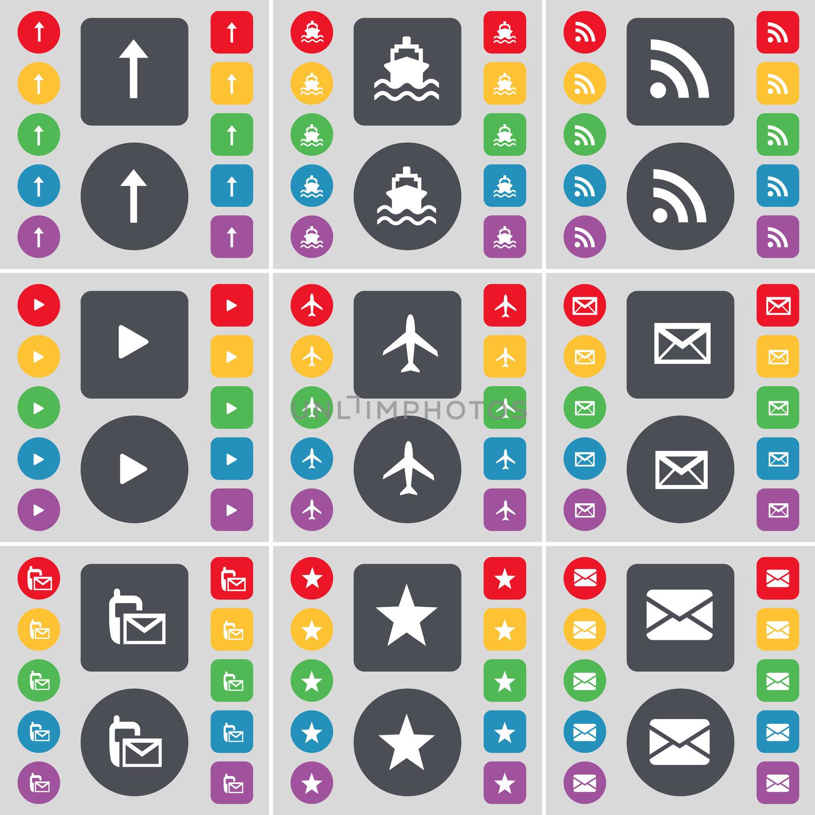 Arrow up, Ship, RSS, Media play, Airplane, Message, SMS, Star icon symbol. A large set of flat, colored buttons for your design.  by serhii_lohvyniuk