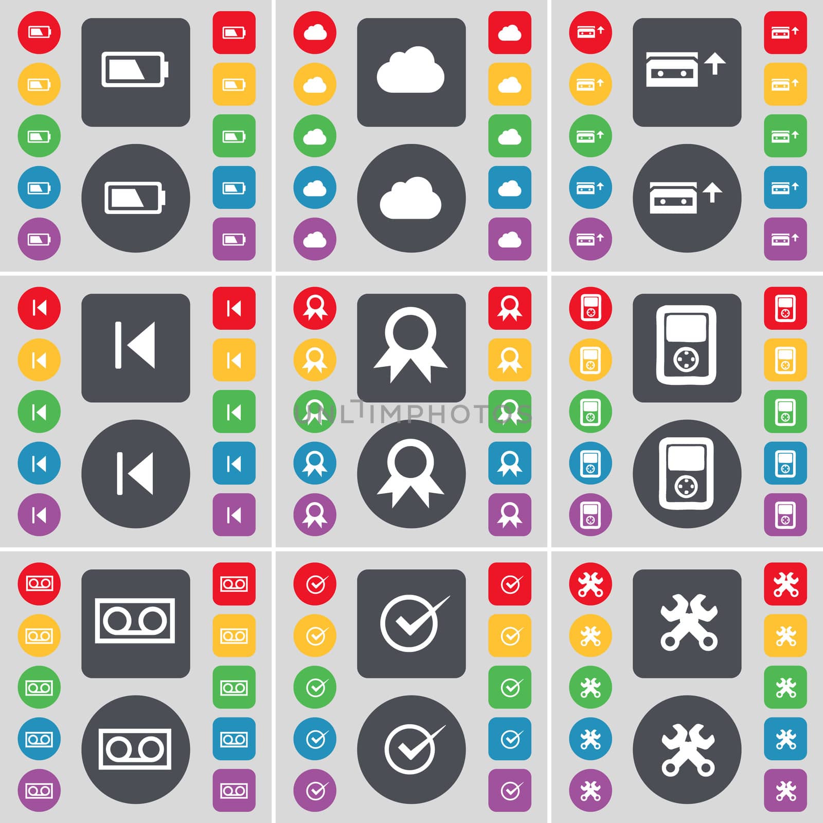 Battery, Cloud, Cassette, Media skip, Medal, Player, Tick, Wrench icon symbol. A large set of flat, colored buttons for your design.  by serhii_lohvyniuk