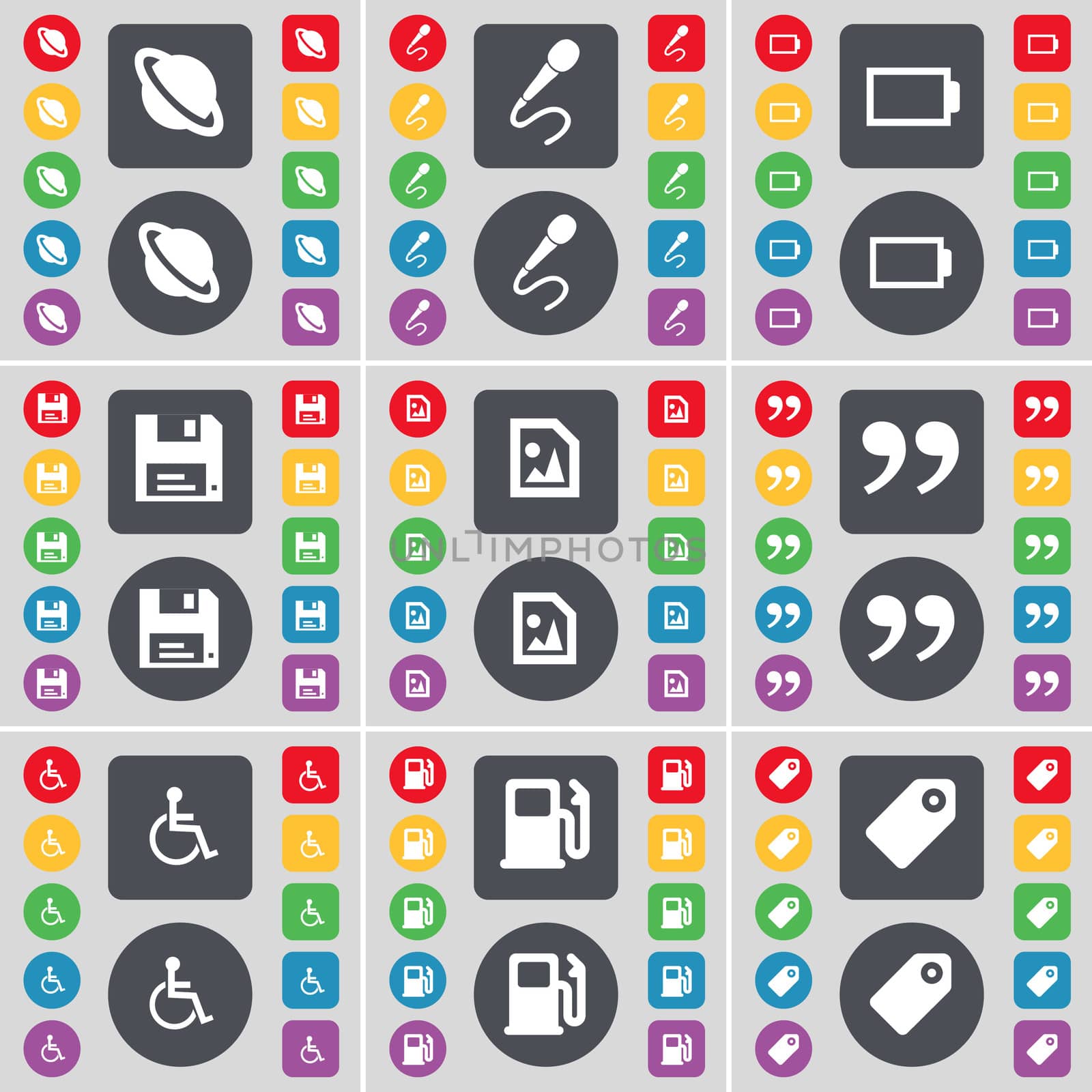 Planet, Microphone, Battery, Floppy, Media file, Quotation mark, Disabled person, Gas station, Tag icon symbol. A large set of flat, colored buttons for your design. illustration