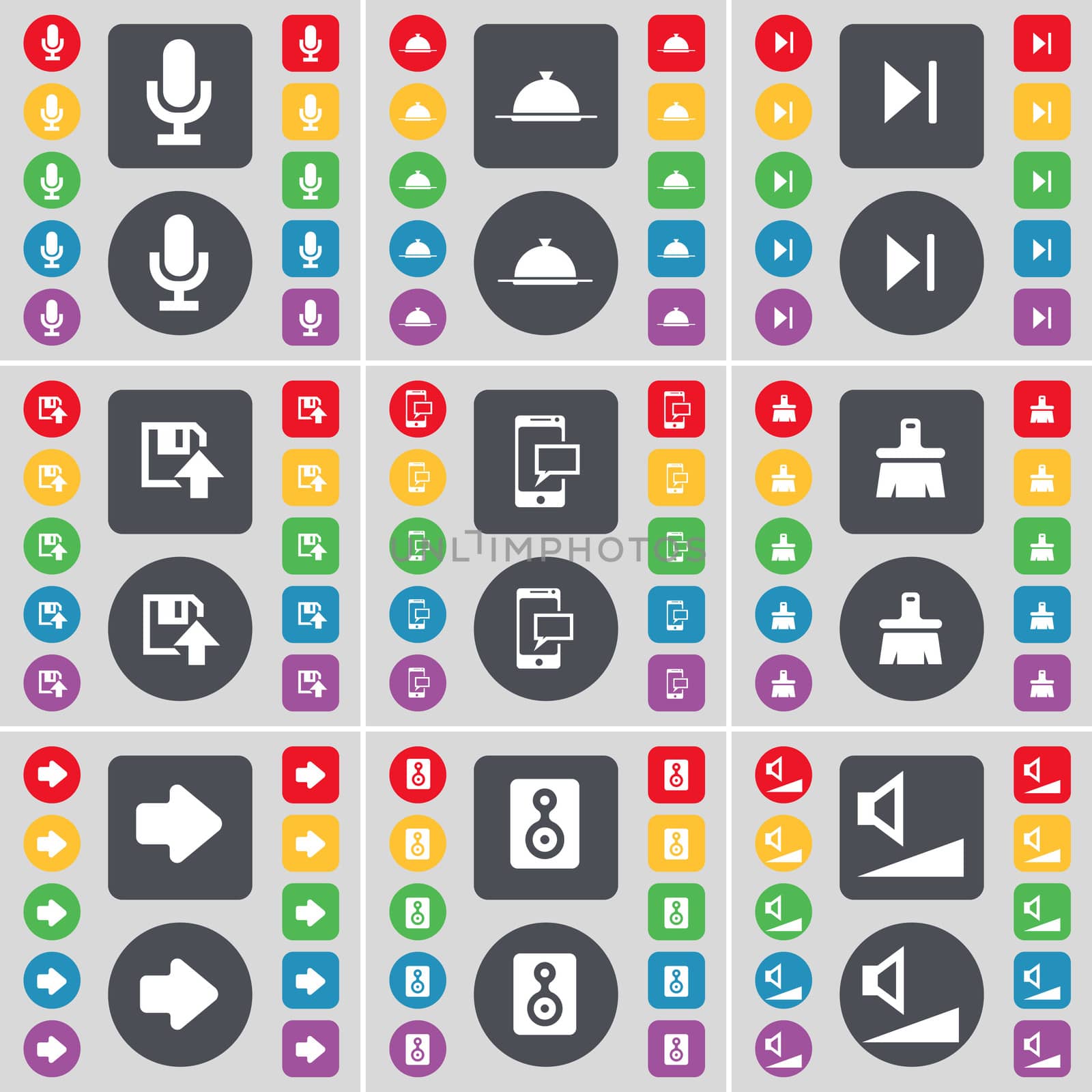 Microphone, Tray, Media skip, Floppy, SMS, Brush, Arrow right, Speaker, Volume icon symbol. A large set of flat, colored buttons for your design. illustration