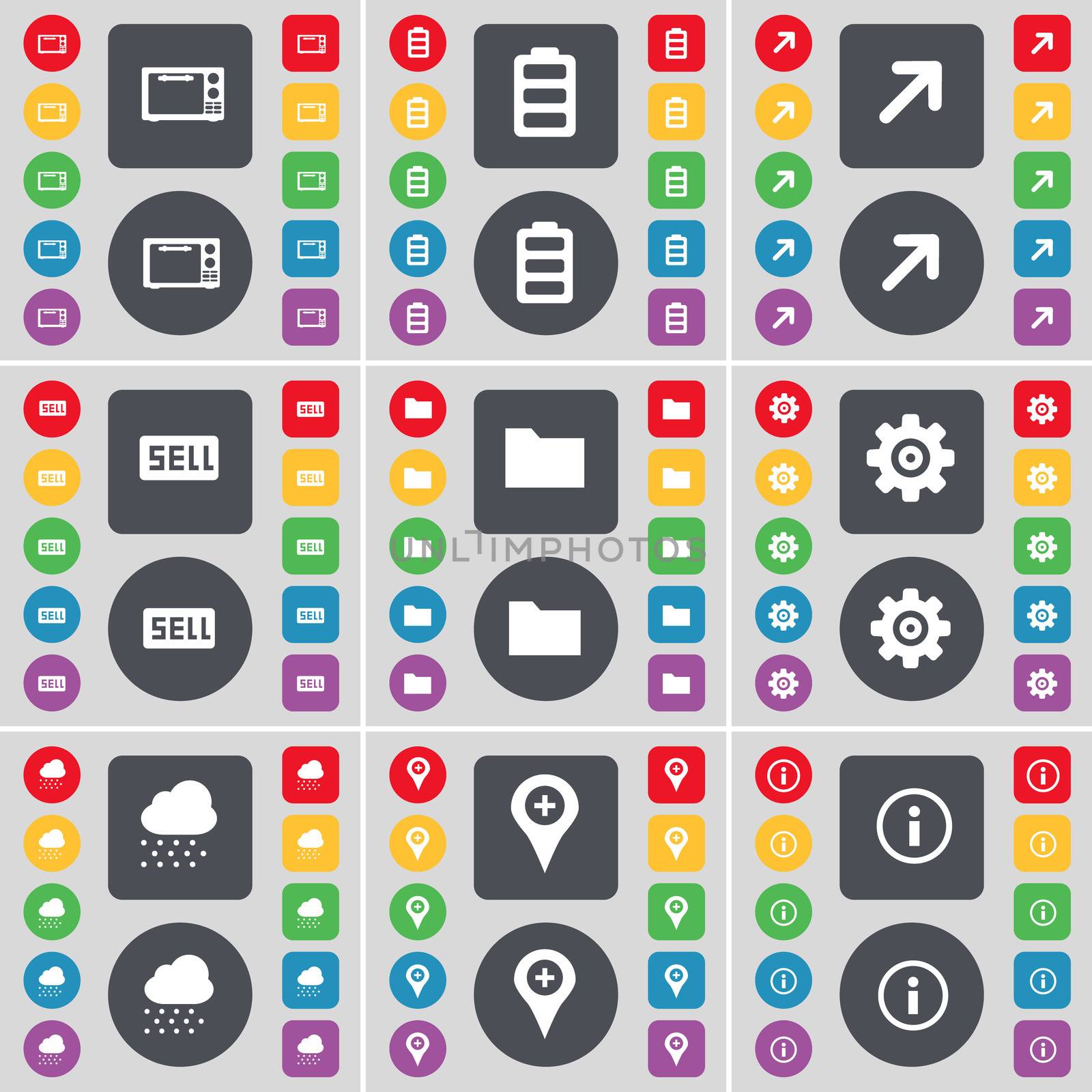 Microwave, Battery, Full screen, Sell, Folder, Gear, Cloud, Checkpoint, Information icon symbol. A large set of flat, colored buttons for your design.  by serhii_lohvyniuk