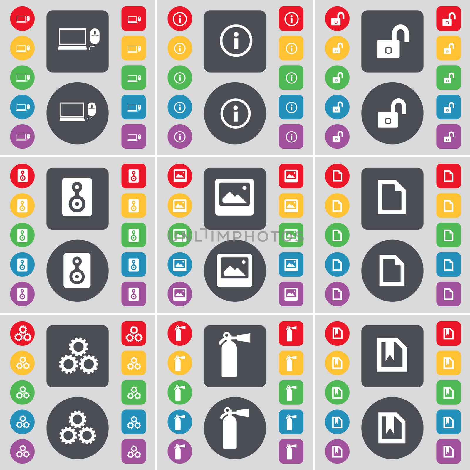 Laptop, Information, Lock, Speaker, Window, File, Gear, Fire extinguisher icon symbol. A large set of flat, colored buttons for your design. illustration