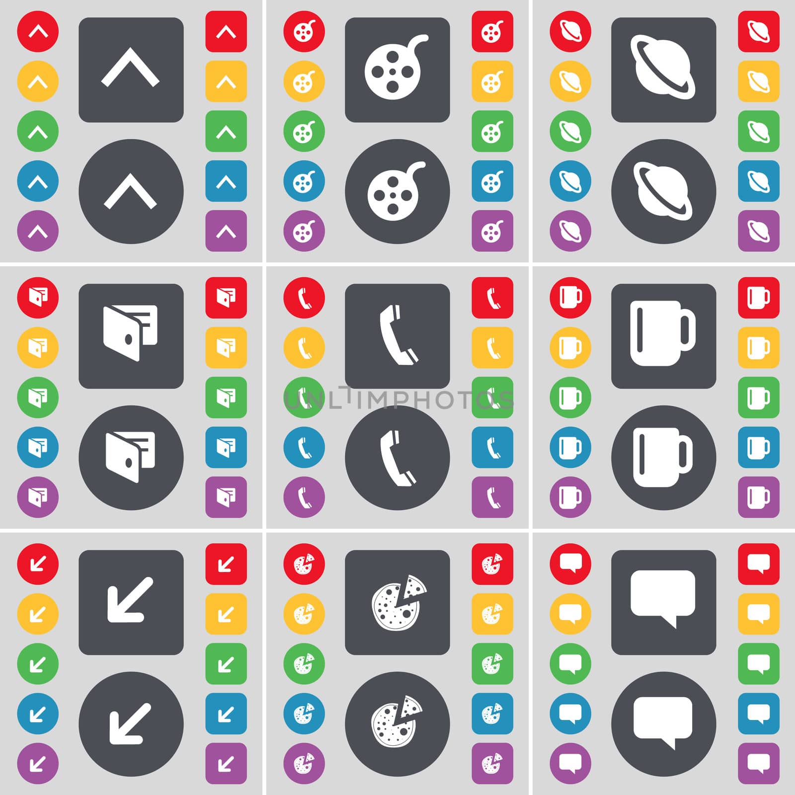 Arrow up, Videotape, Planet, Wallet, Receiver, Cup, Deploying screen, Pizza, Chat bubble icon symbol. A large set of flat, colored buttons for your design. illustration