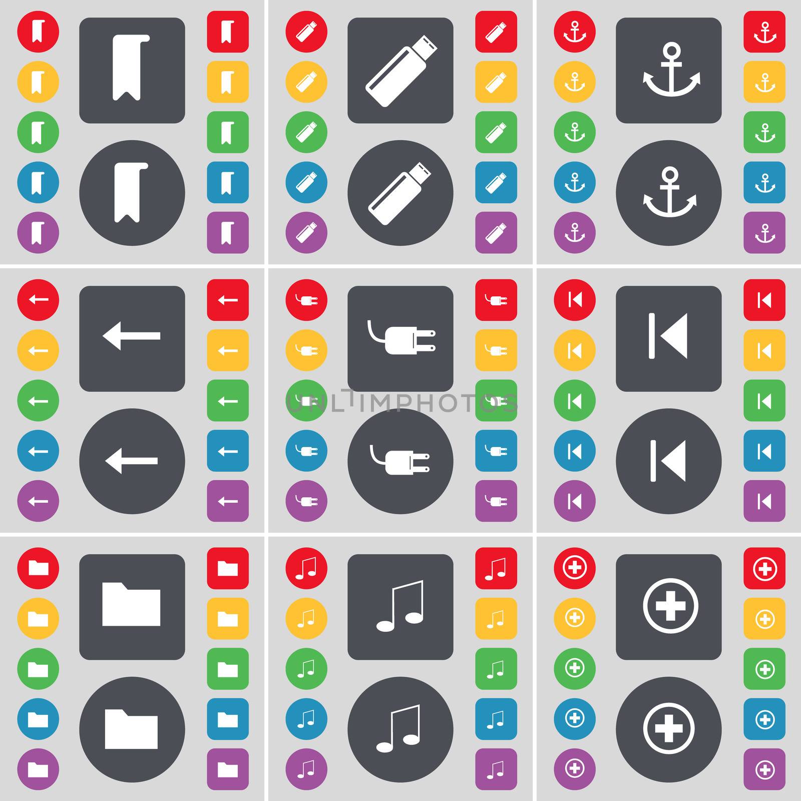 Marker, USB, Anchor, Arrow left, Socket, Media skip, Folder, Note, Plus icon symbol. A large set of flat, colored buttons for your design.  by serhii_lohvyniuk