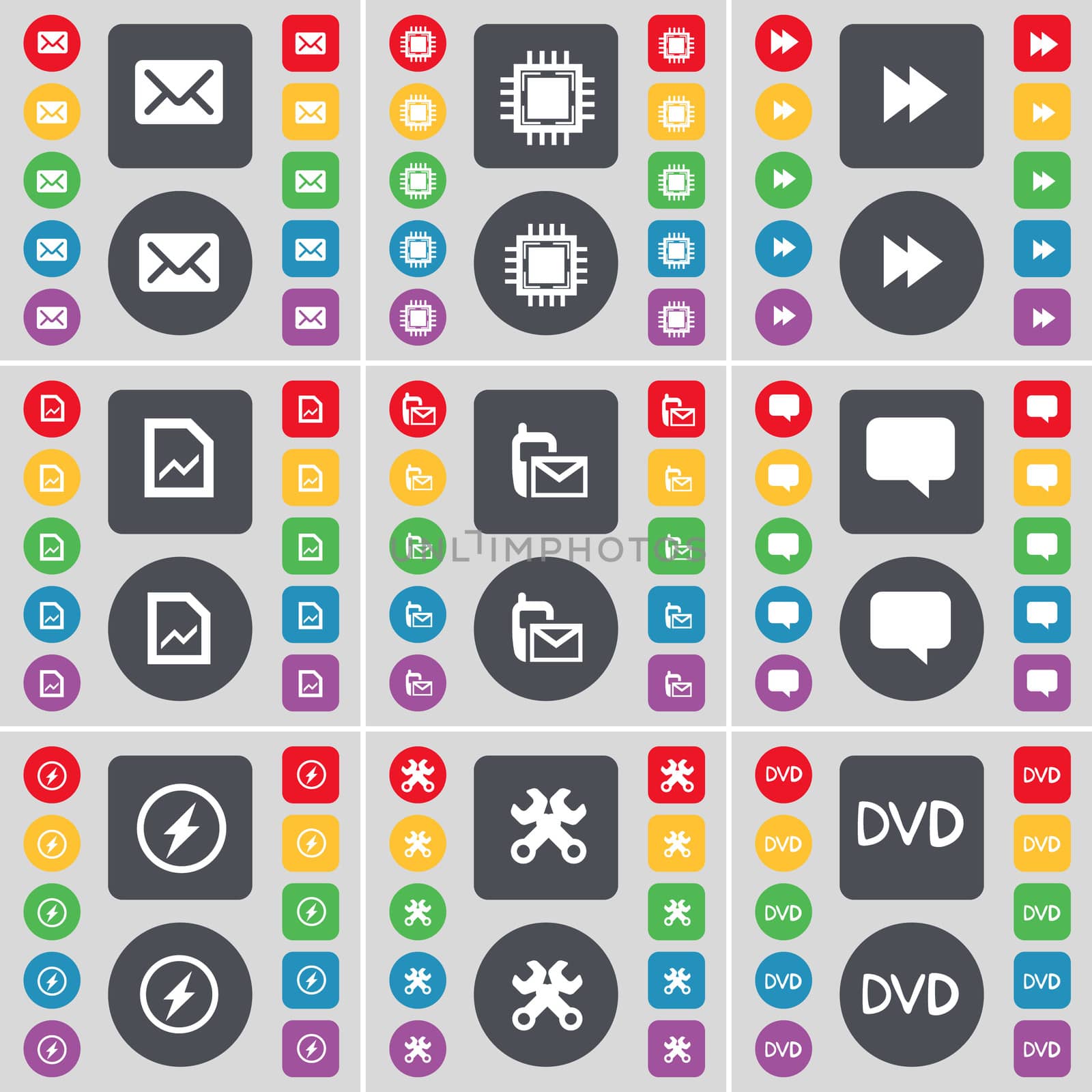 Message, Processor, Rewind, Graph file, SMS, Chat bubble, Flash, Wrench, DVD icon symbol. A large set of flat, colored buttons for your design. illustration