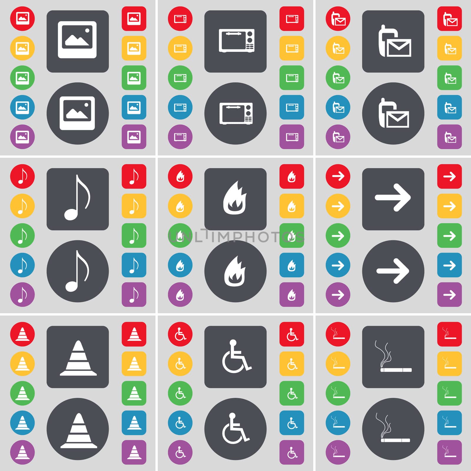 Window, Microwave, SMS, Note, Fire, Arrow right, Cone, Disabled person, Cigarette icon symbol. A large set of flat, colored buttons for your design. illustration