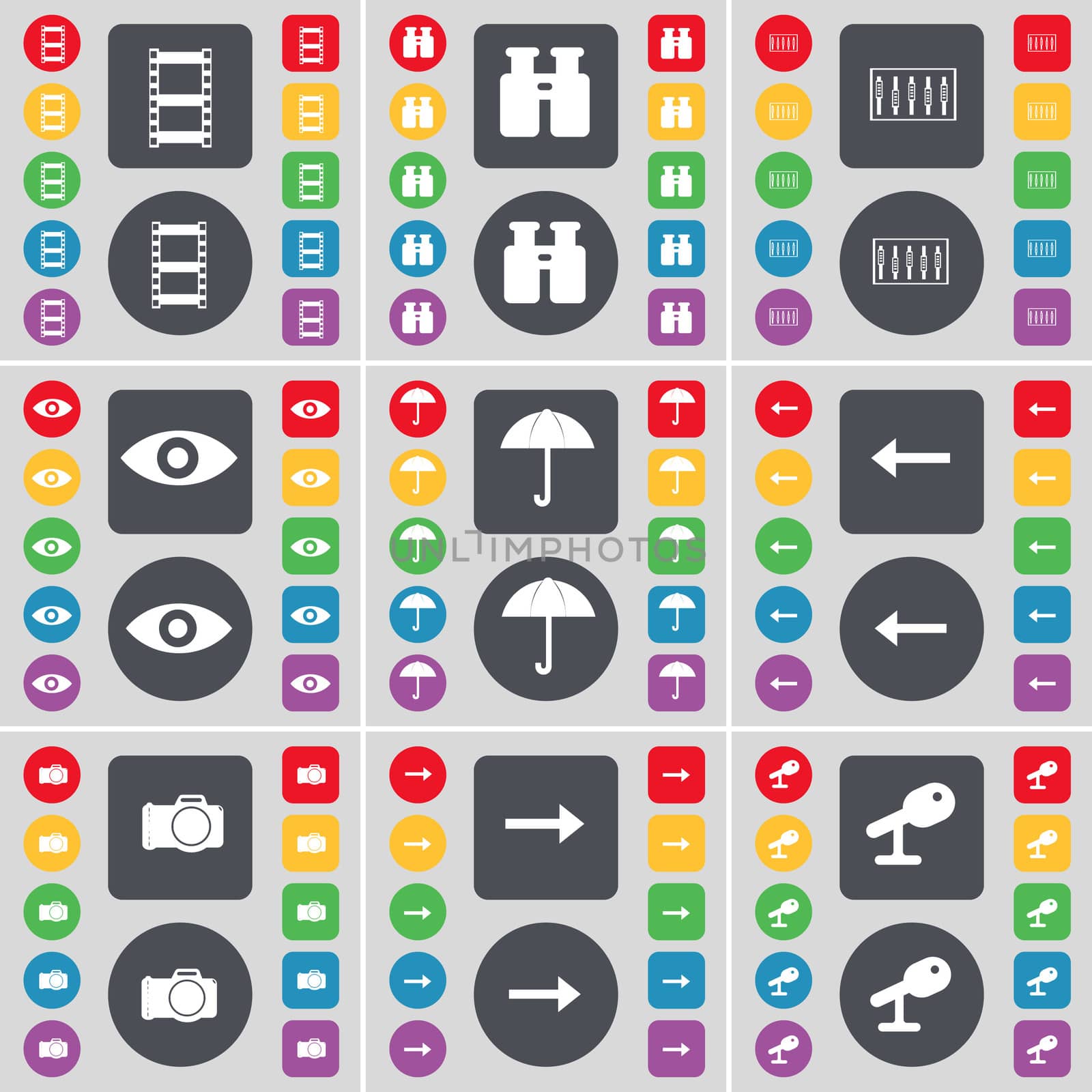 Negative films, Binoculars, Equalizer, Vision, Umbrella, Arrow left, Camera, Arrow right, Microphone icon symbol. A large set of flat, colored buttons for your design. illustration