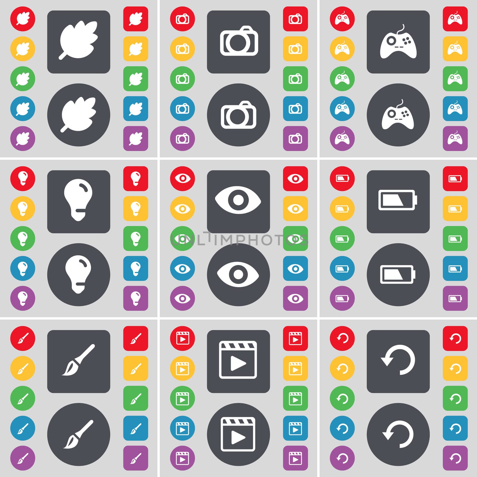 Leaf, Camera, Gamepad, Light bulb, Vision, Battery, Brush, Media player, Reload icon symbol. A large set of flat, colored buttons for your design.  by serhii_lohvyniuk