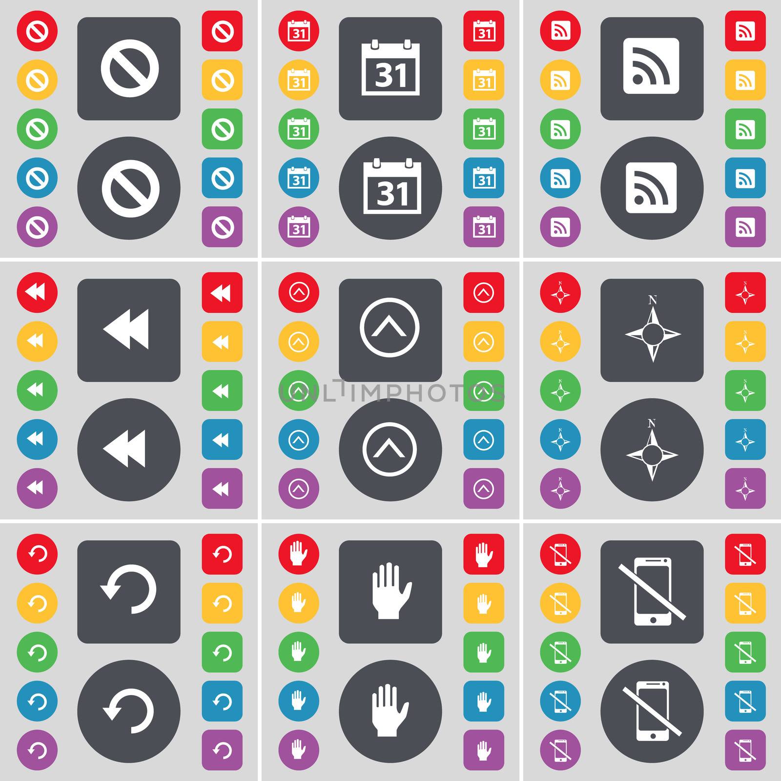 Stop, Calendar, RSS, Rewind, Arrow up, Compass, Reload, Hand, Smartphone icon symbol. A large set of flat, colored buttons for your design. illustration