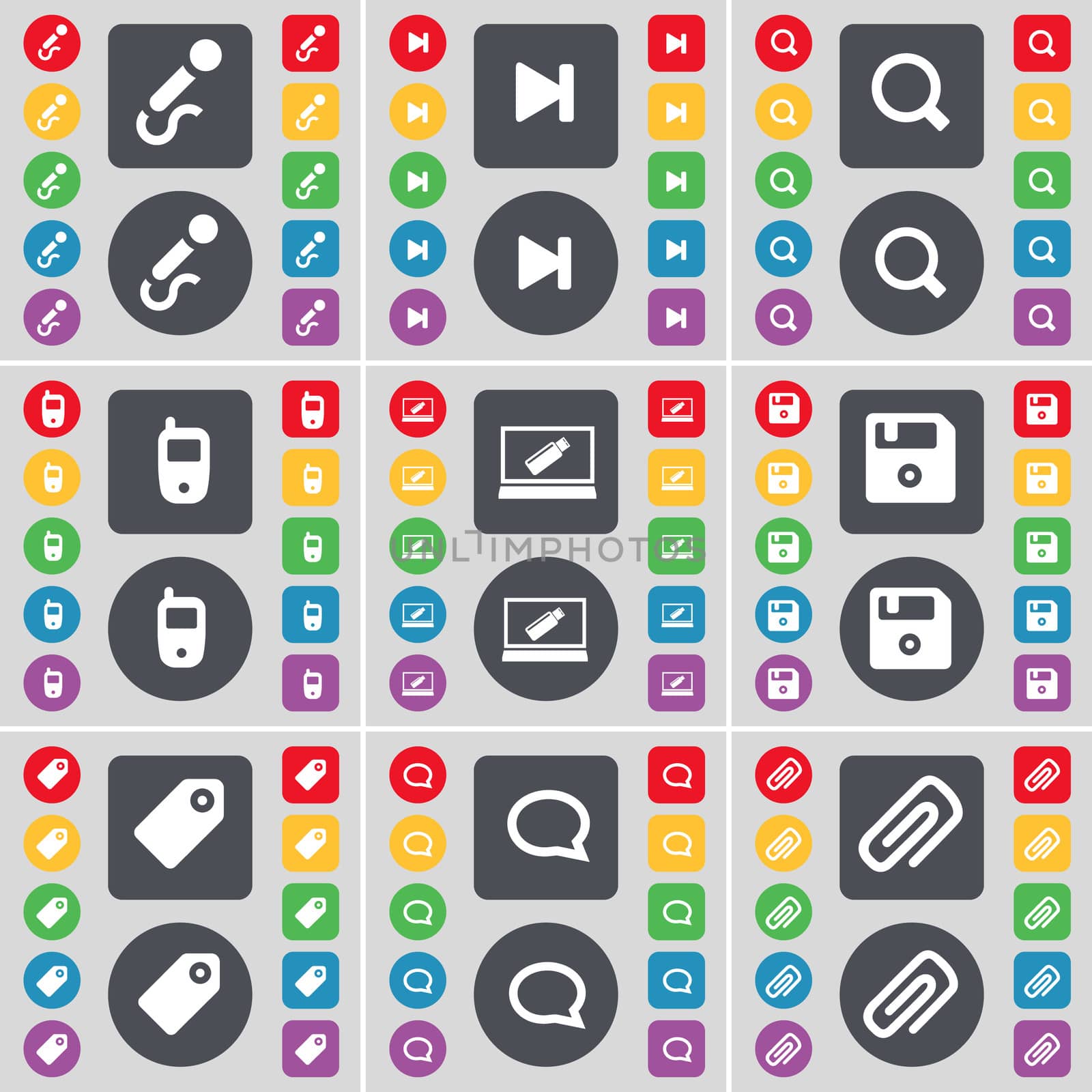 Microphone, Media skip, Magnifying glass, Mobile phone, Laptop, Floppy, Tag, Chat bubble, Clip icon symbol. A large set of flat, colored buttons for your design. illustration