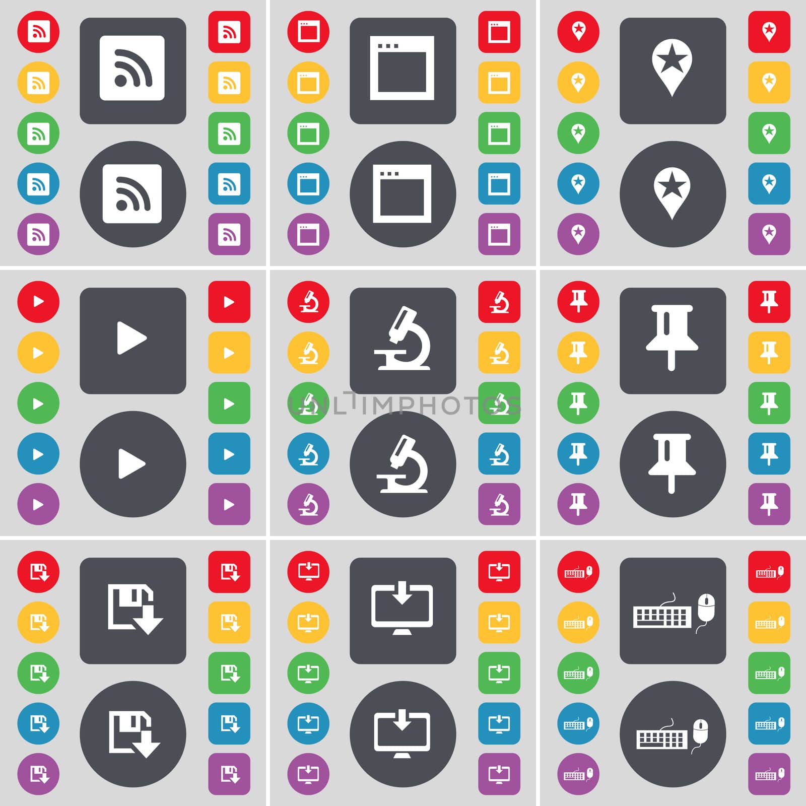 RSS, Window, Checkpoint, Media play, Microscope, Pin, Floppy, Monitor, Keyboard icon symbol. A large set of flat, colored buttons for your design. illustration