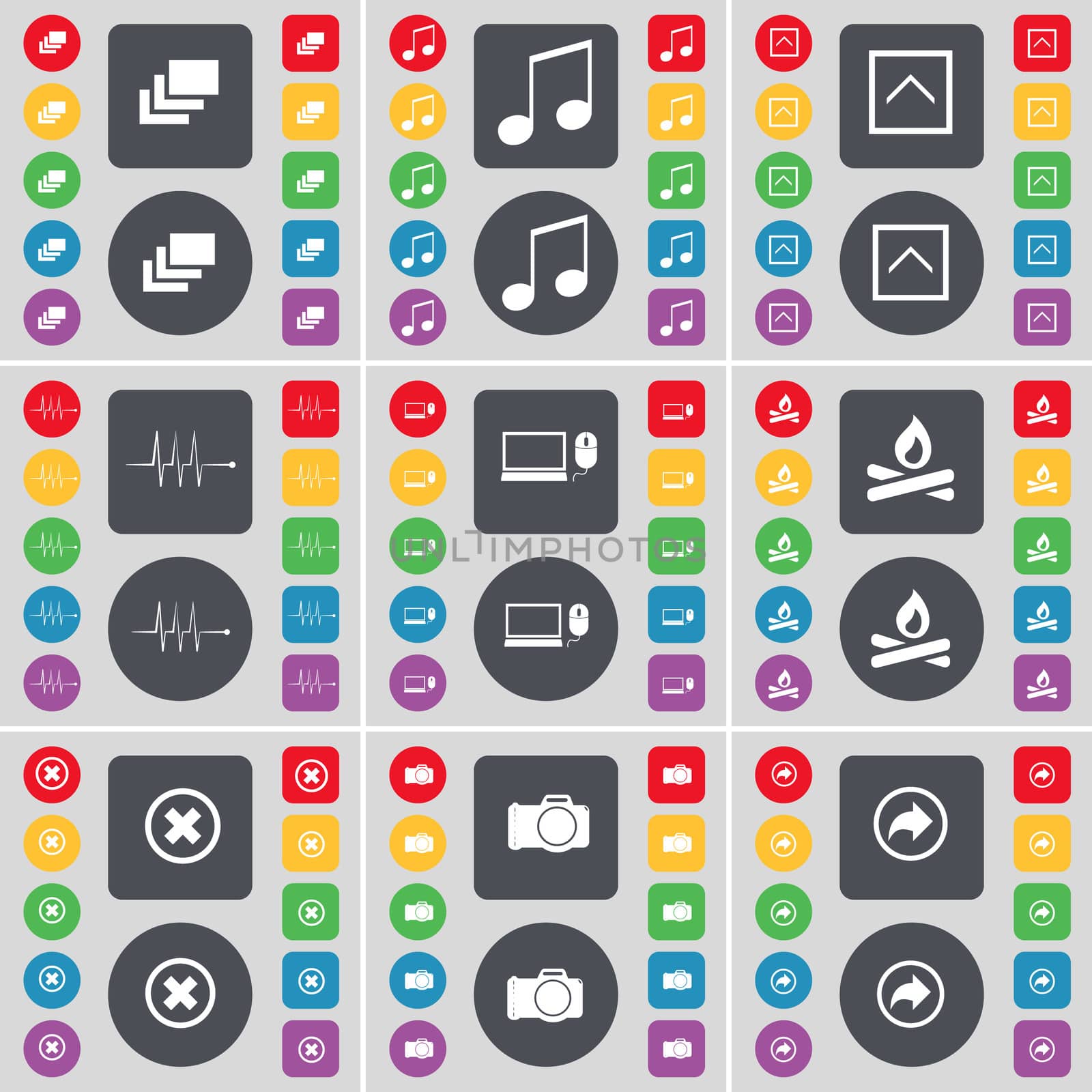 Gallery, Note, Arrow up, Pulse, Laptop, Campfire, Stop, Camera, Back icon symbol. A large set of flat, colored buttons for your design.  by serhii_lohvyniuk