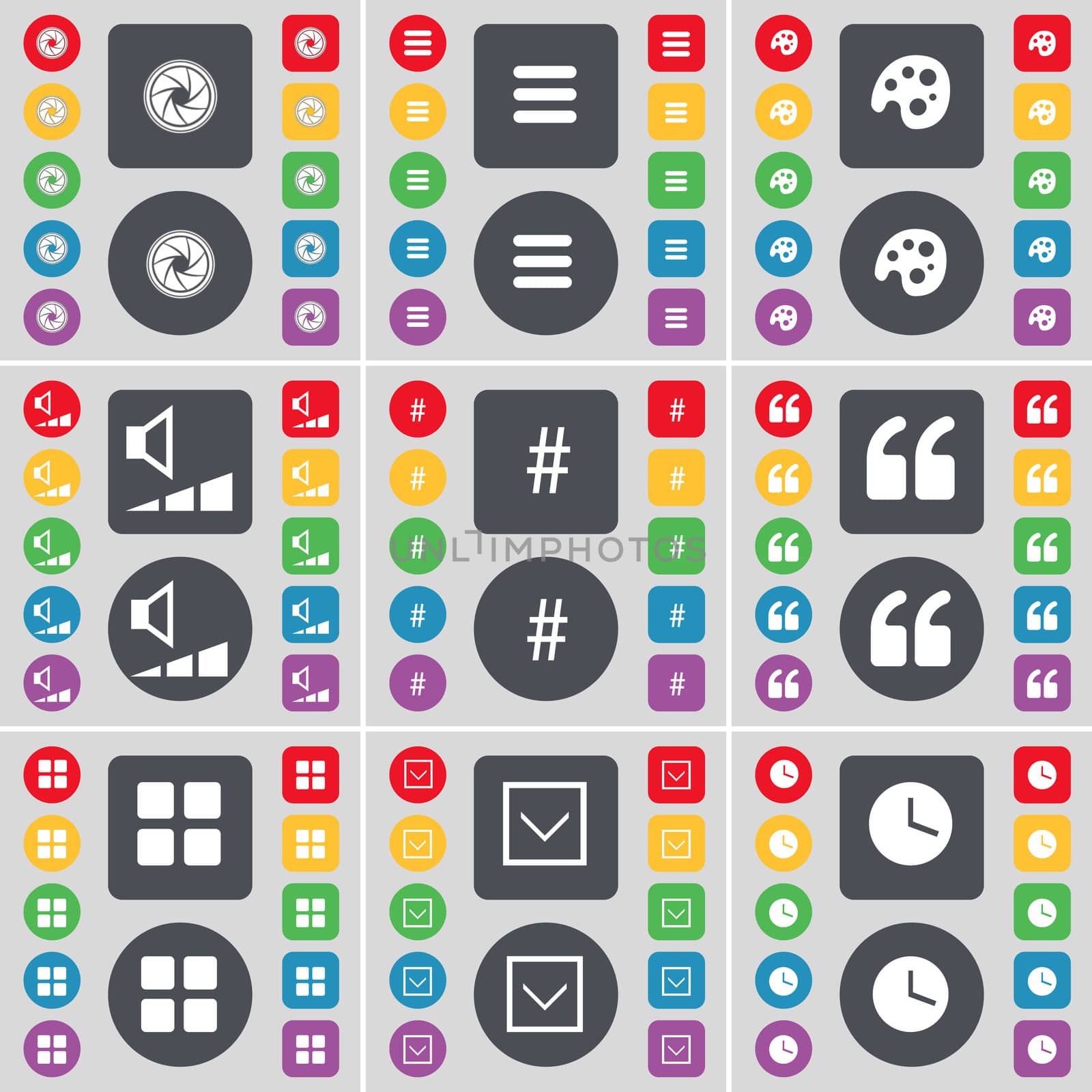 Lens, Apps, Palette, Volume, Hashtag, Quotation mark, Apps, Arrow down, Clock icon symbol. A large set of flat, colored buttons for your design. illustration