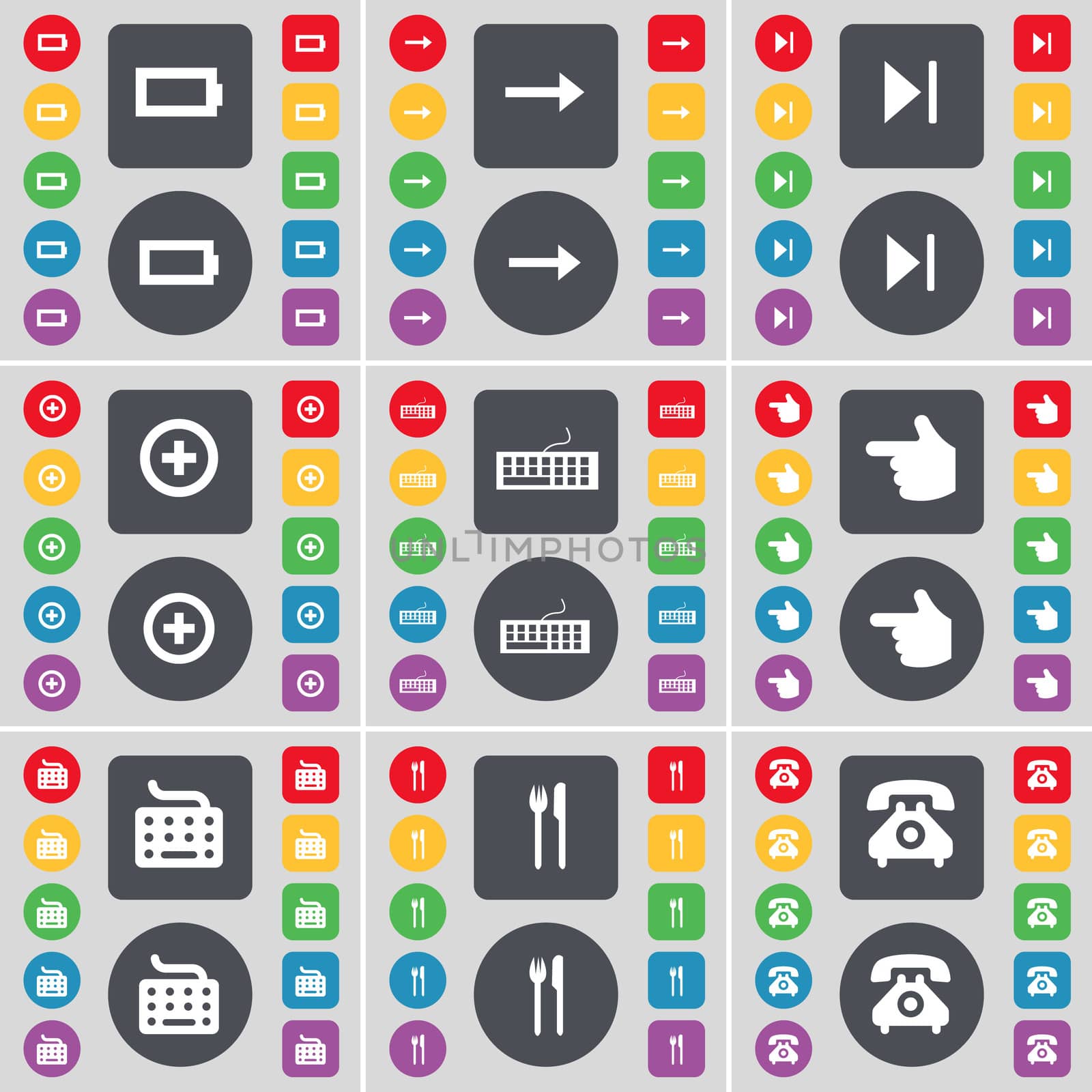 Battery, Arrow right, Media skip, Plus, Keyboard, Hand, Keyboard, Fork and knife, Retro phone icon symbol. A large set of flat, colored buttons for your design.  by serhii_lohvyniuk