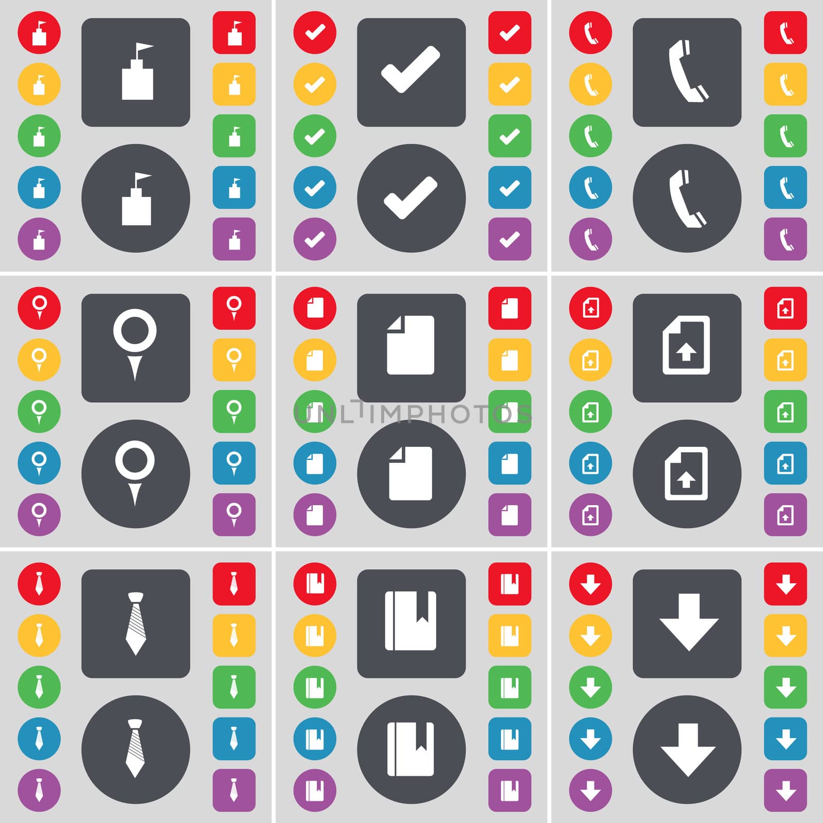Flag tower, Tick, Receiver, Checkpoint, File, Upload file, Tie, Dictionary, Arrow down icon symbol. A large set of flat, colored buttons for your design. illustration
