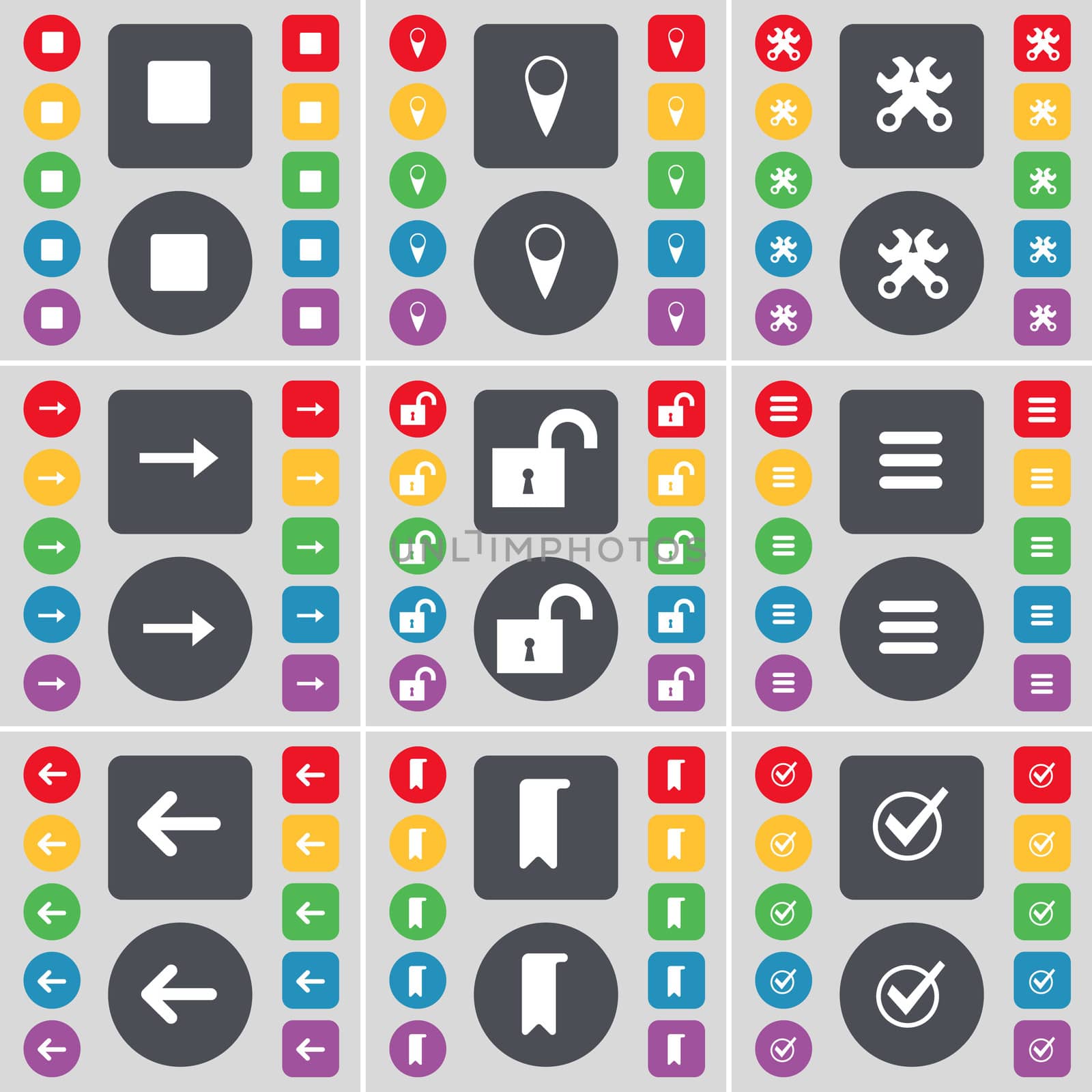 Media stop, Checkpoint, Wrench, Arrow right, Lock, Apps, Arrow left, Marker, Tick icon symbol. A large set of flat, colored buttons for your design.  by serhii_lohvyniuk