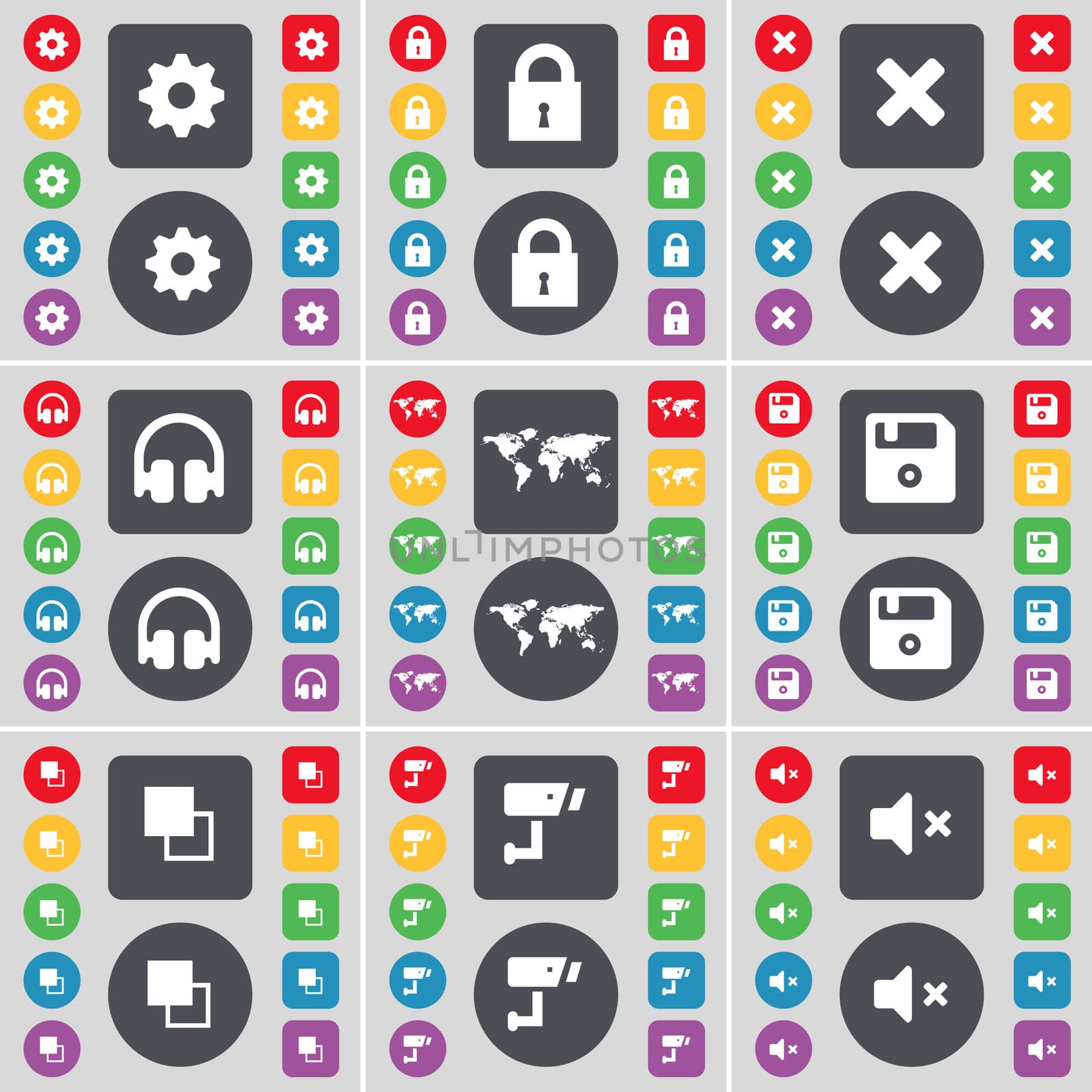 Gear, Lock, Stop, Headphones, Globe, Floppy, Copy, CCTV, Mute icon symbol. A large set of flat, colored buttons for your design. illustration