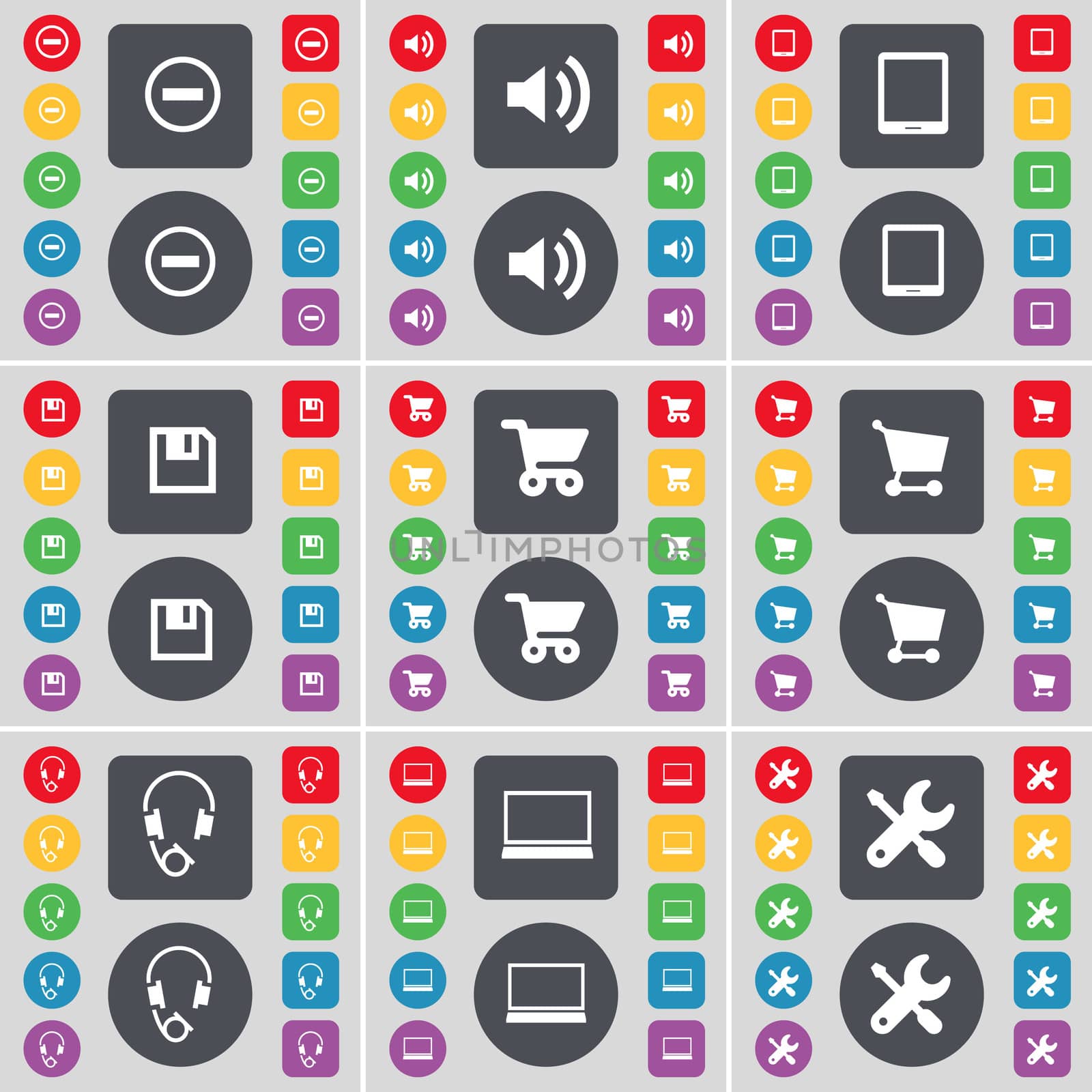 Minus, Sound, Tablet PC, Floppy, Shopping cart, Headphones, Laptop, Wrench icon symbol. A large set of flat, colored buttons for your design.  by serhii_lohvyniuk
