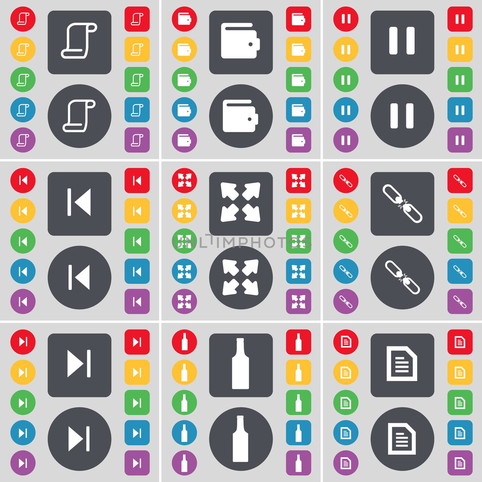 Scroll, Wallet, Pause, Media skip, Full screen, Link, Media skip, Bottle, Text file icon symbol. A large set of flat, colored buttons for your design.  by serhii_lohvyniuk