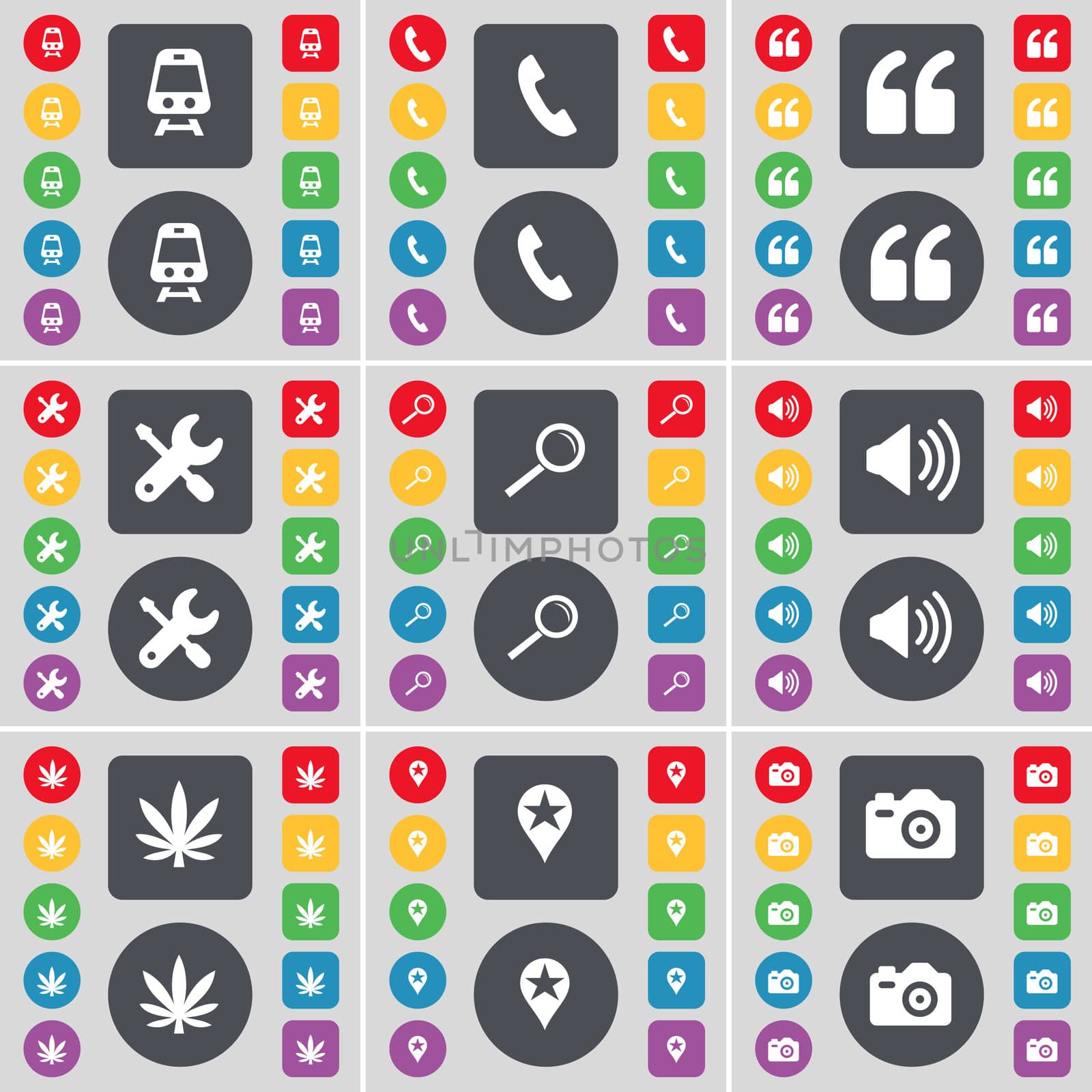 Train, Receiver, Quotation mark, Wrench, Magnifying glass, Sound, Marijuana, Checkpoint, Camera icon symbol. A large set of flat, colored buttons for your design. illustration