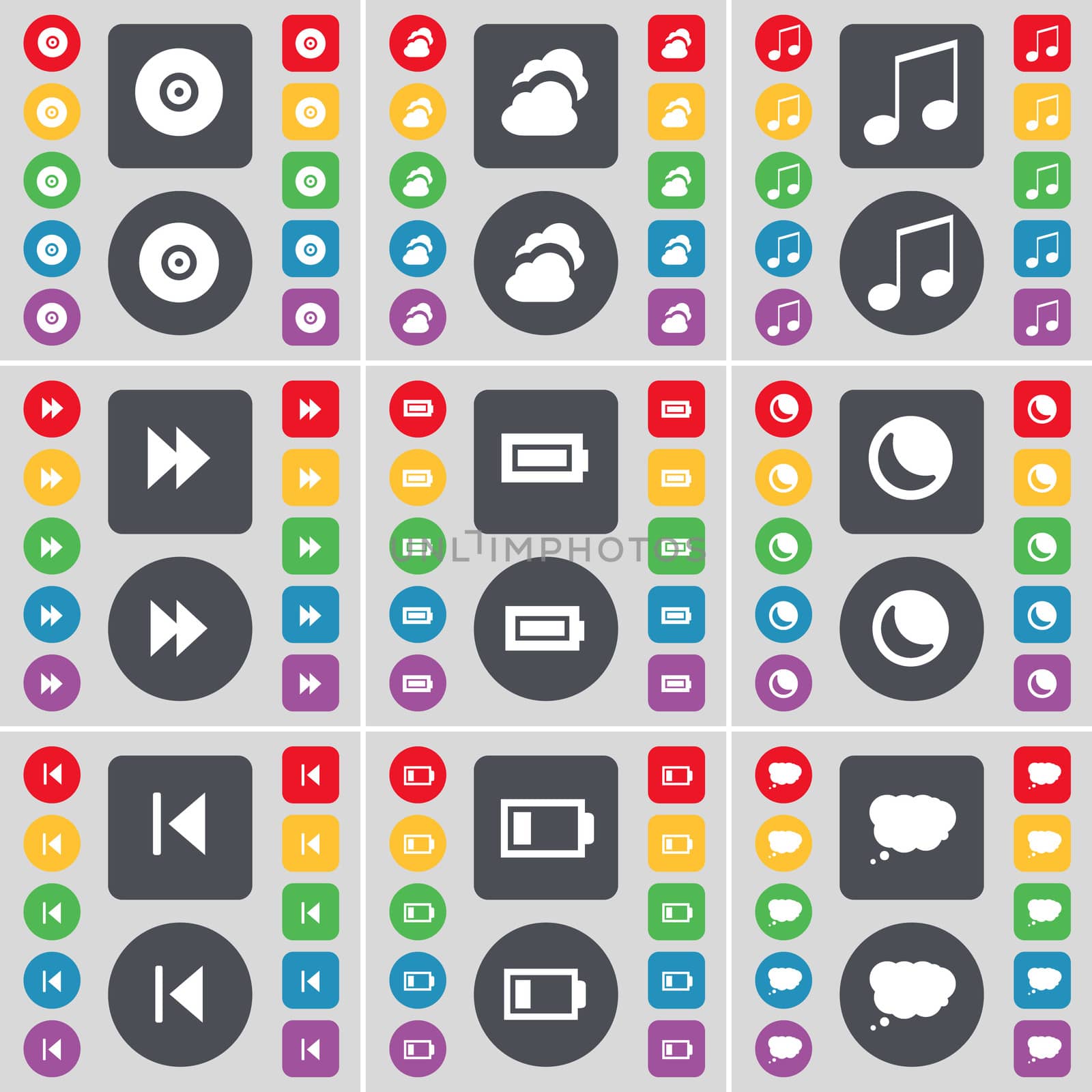 Disk, Cloud, Note, Rewind, Battery, Moon, Media skip, Chat cloud icon symbol. A large set of flat, colored buttons for your design. illustration