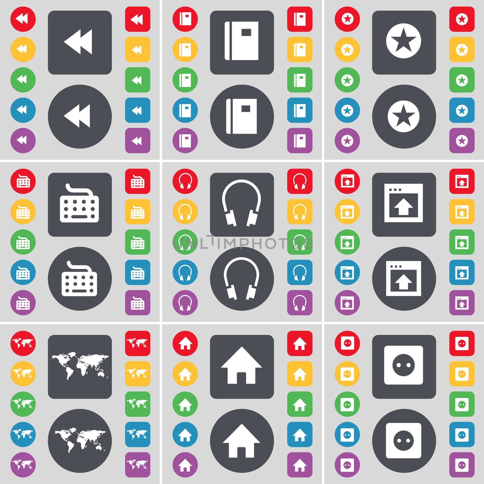 Rewind, Notebook, Star, Keyboard, Headphones, Windows, Globe, House, Socket icon symbol. A large set of flat, colored buttons for your design. illustration