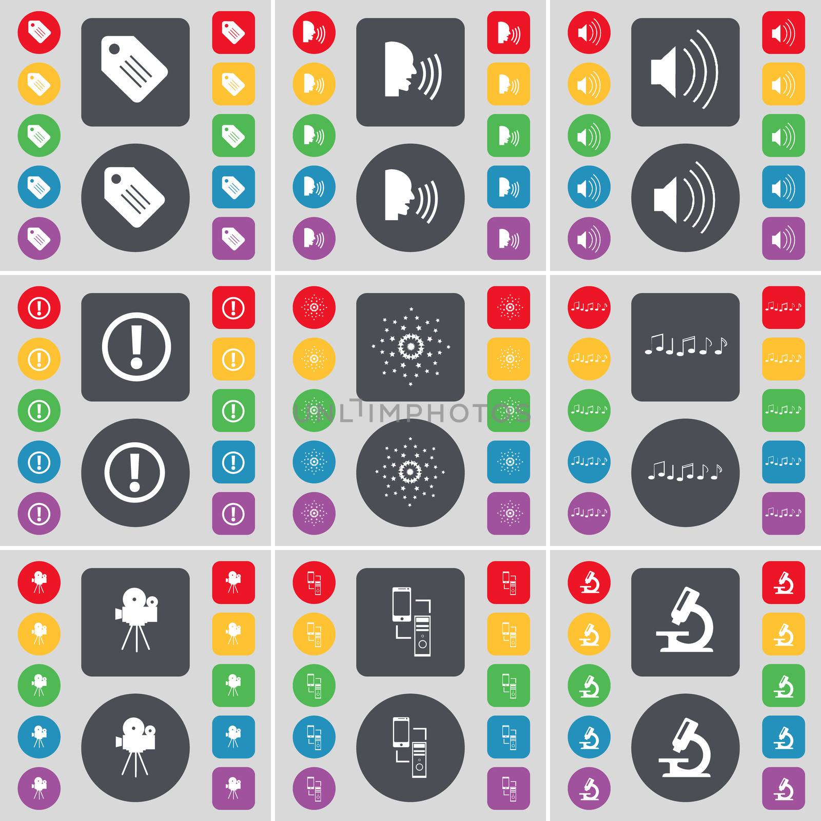 Tag, Talk, Sound, Warning, Star, Note, Film camera, Connection, Microscope icon symbol. A large set of flat, colored buttons for your design.  by serhii_lohvyniuk