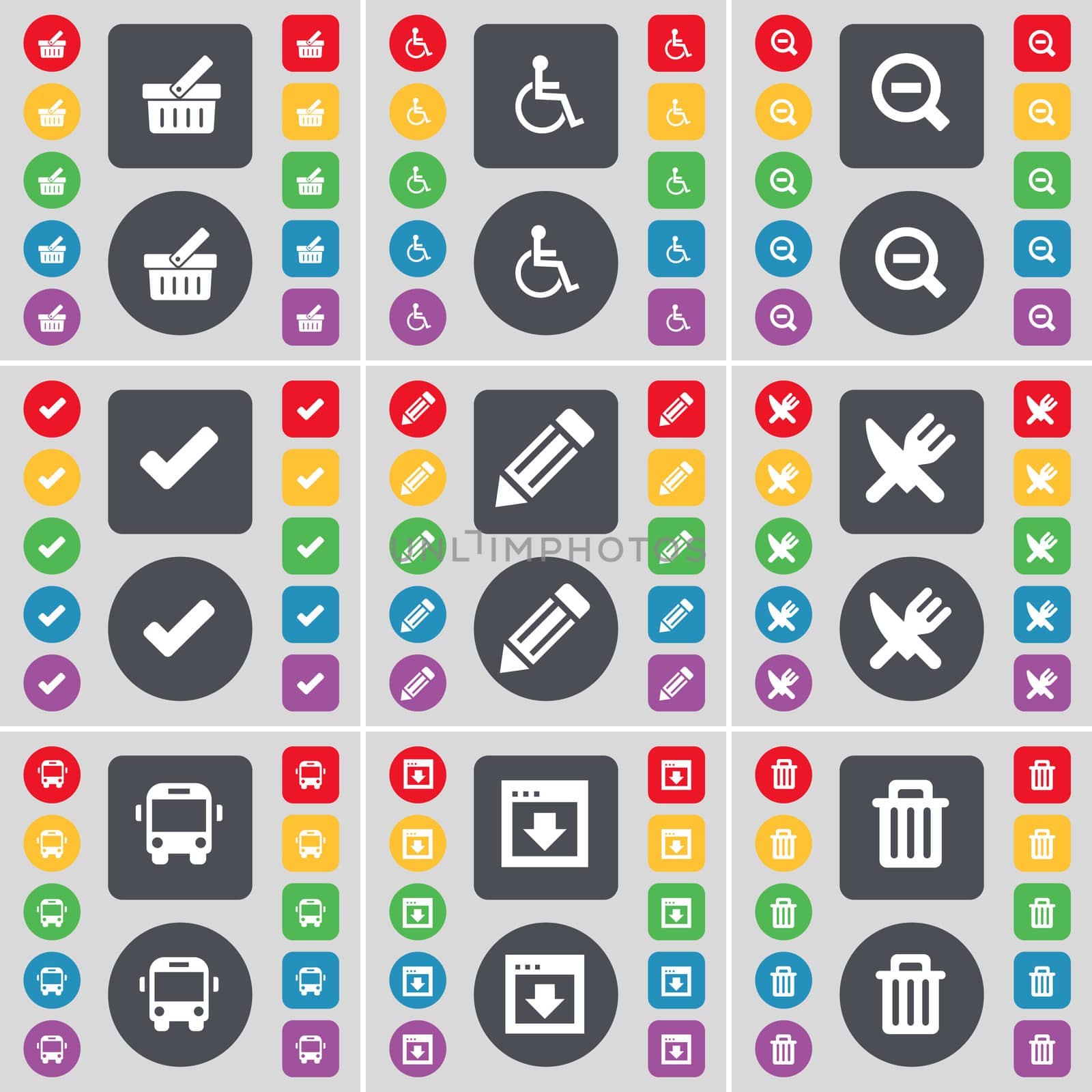 Basket, Disabled person, Magnifying glass, Tick, Pencil, Fork and knife, Bus, Window, Trash can icon symbol. A large set of flat, colored buttons for your design. illustration